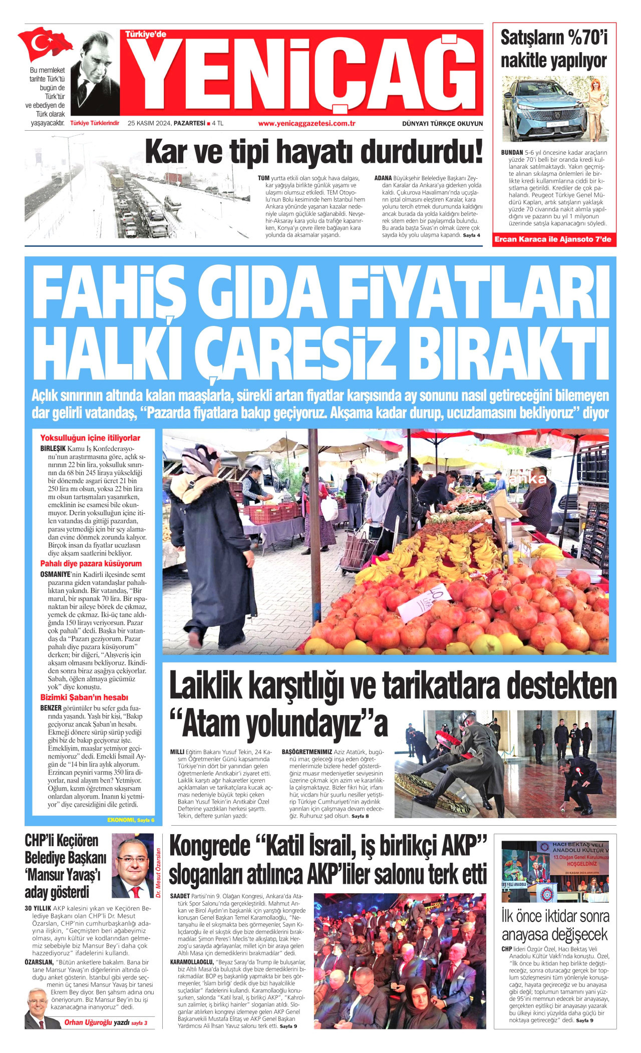 YENİÇAĞ gazetesinin 25 Kasım 2024 tarihli birinci sayfası