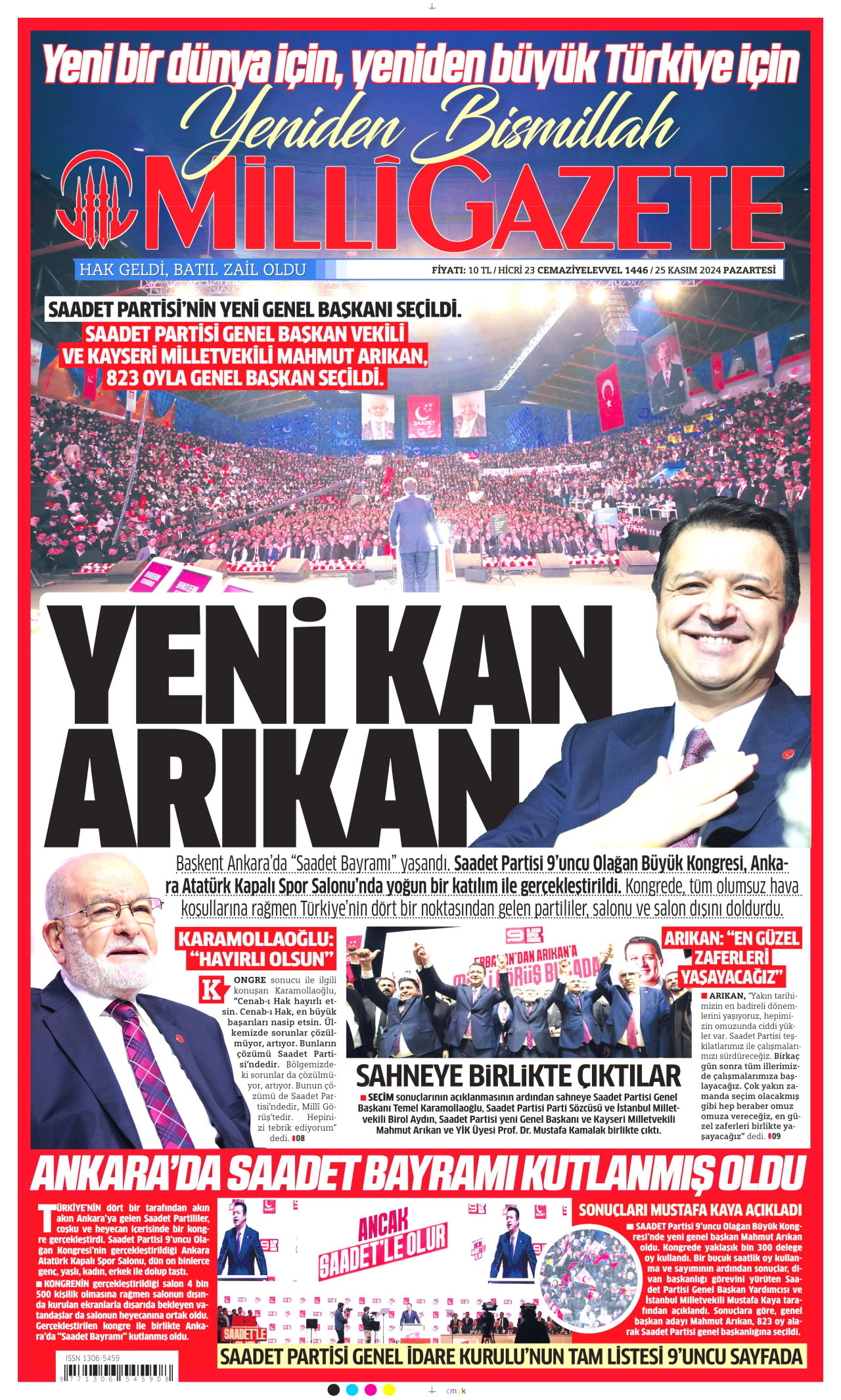 MİLLİ GAZETE gazetesinin 25 Kasım 2024 tarihli birinci sayfası