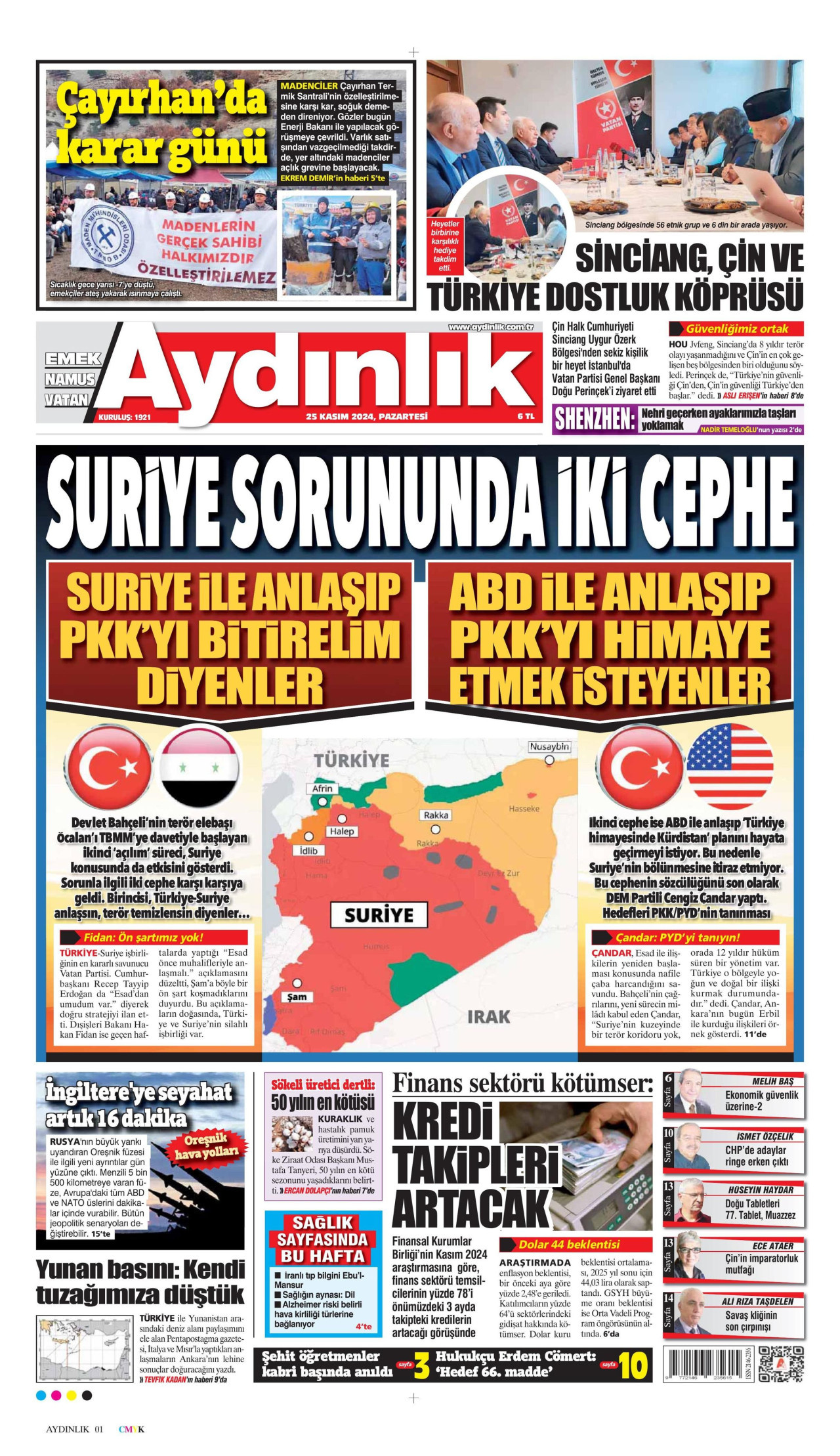 AYDINLIK GAZETESİ gazetesinin 25 Kasım 2024 tarihli birinci sayfası