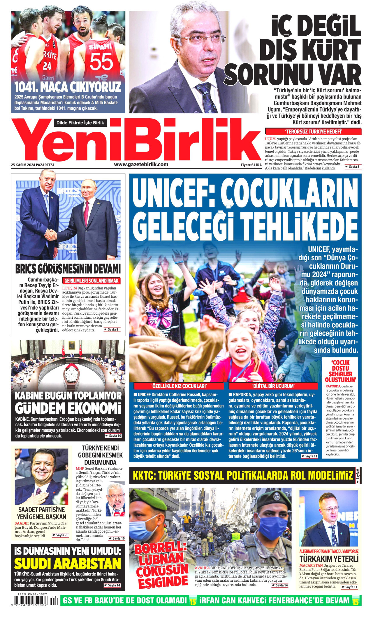 YENİBİRLİK gazetesinin 25 Kasım 2024 tarihli birinci sayfası