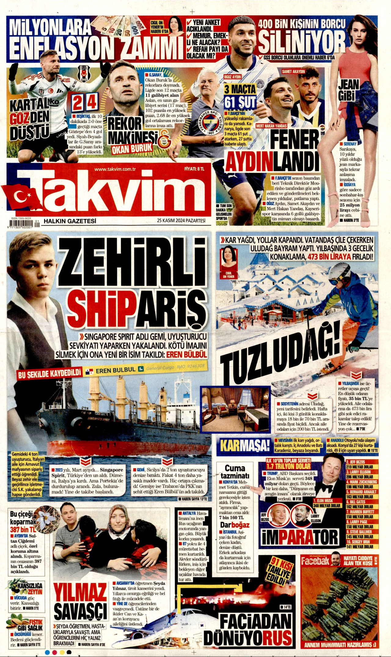 TAKVİM gazetesinin 25 Kasım 2024 tarihli birinci sayfası