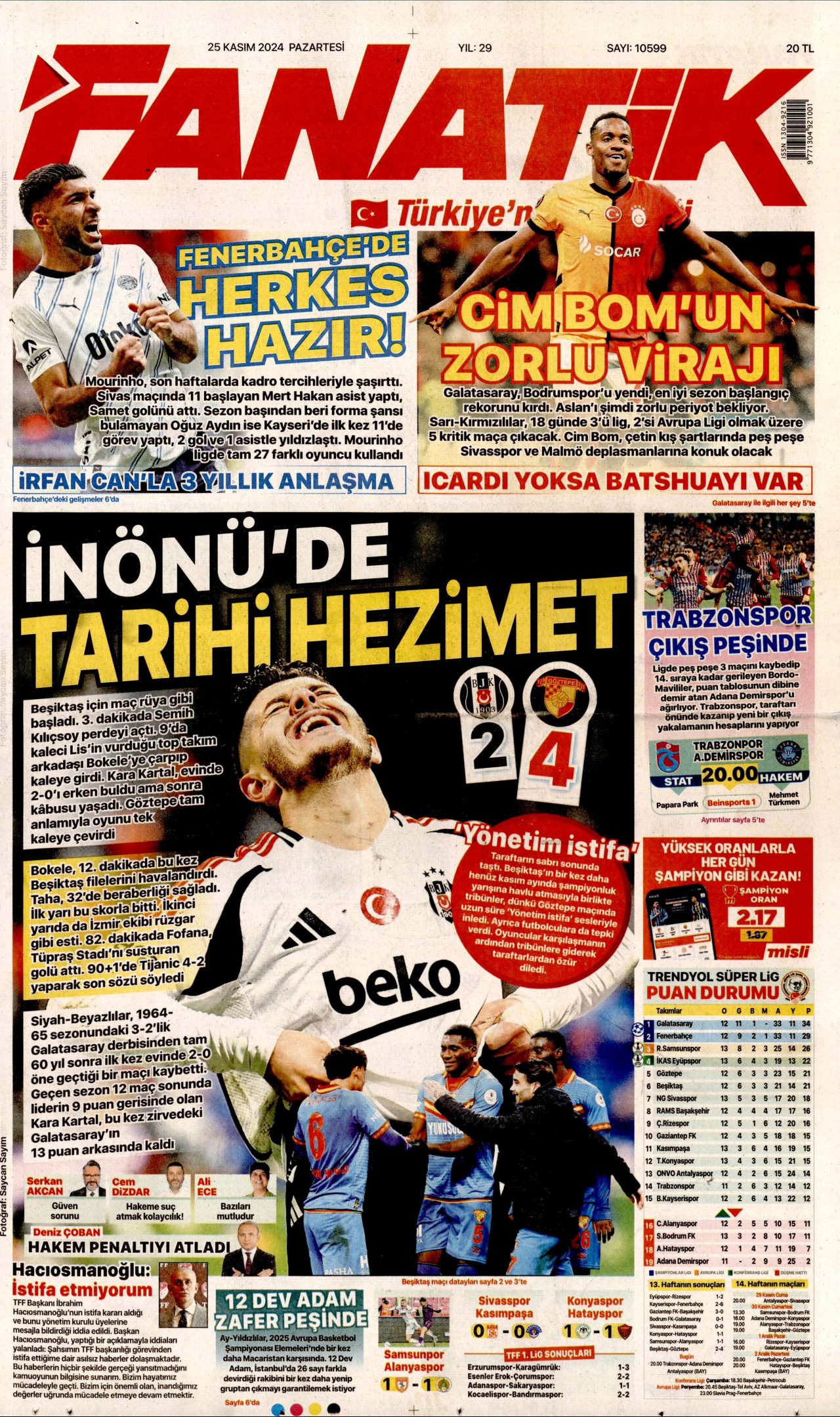 FANATİK gazetesinin 25 Kasım 2024 tarihli birinci sayfası
