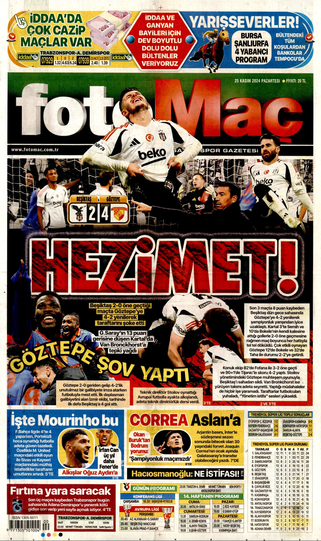 FOTOMAÇ gazetesinin 25 Kasım 2024 tarihli birinci sayfası