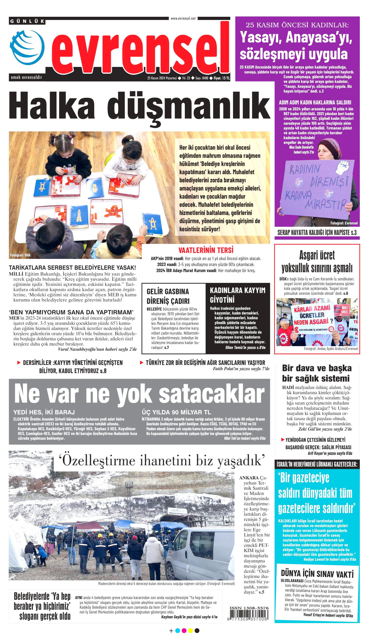 EVRENSEL gazetesinin 25 Kasım 2024 tarihli birinci sayfası