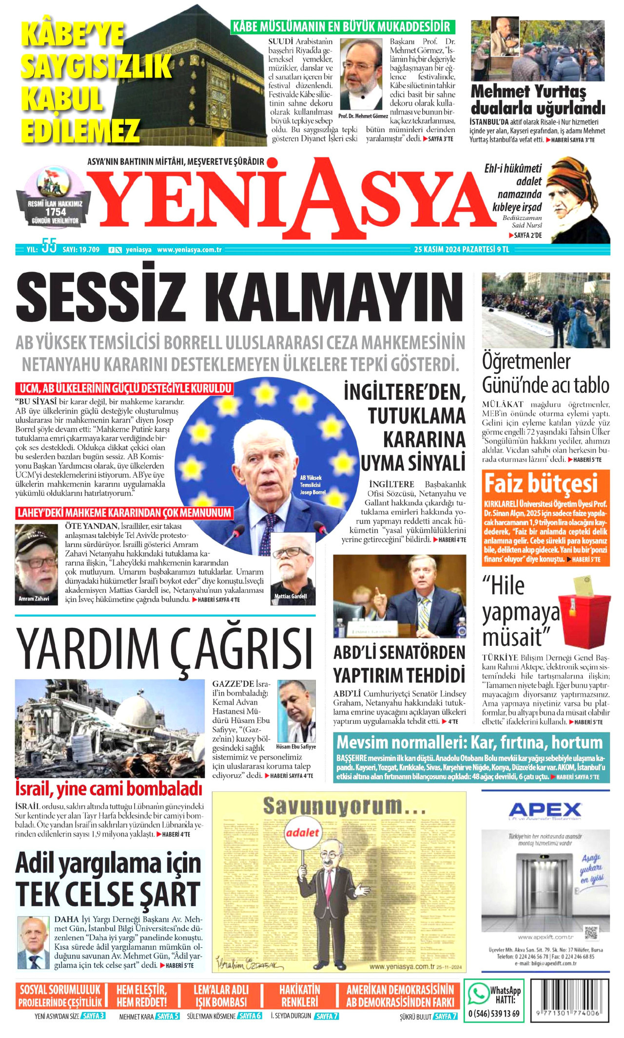 YENİ ASYA gazetesinin 25 Kasım 2024 tarihli birinci sayfası