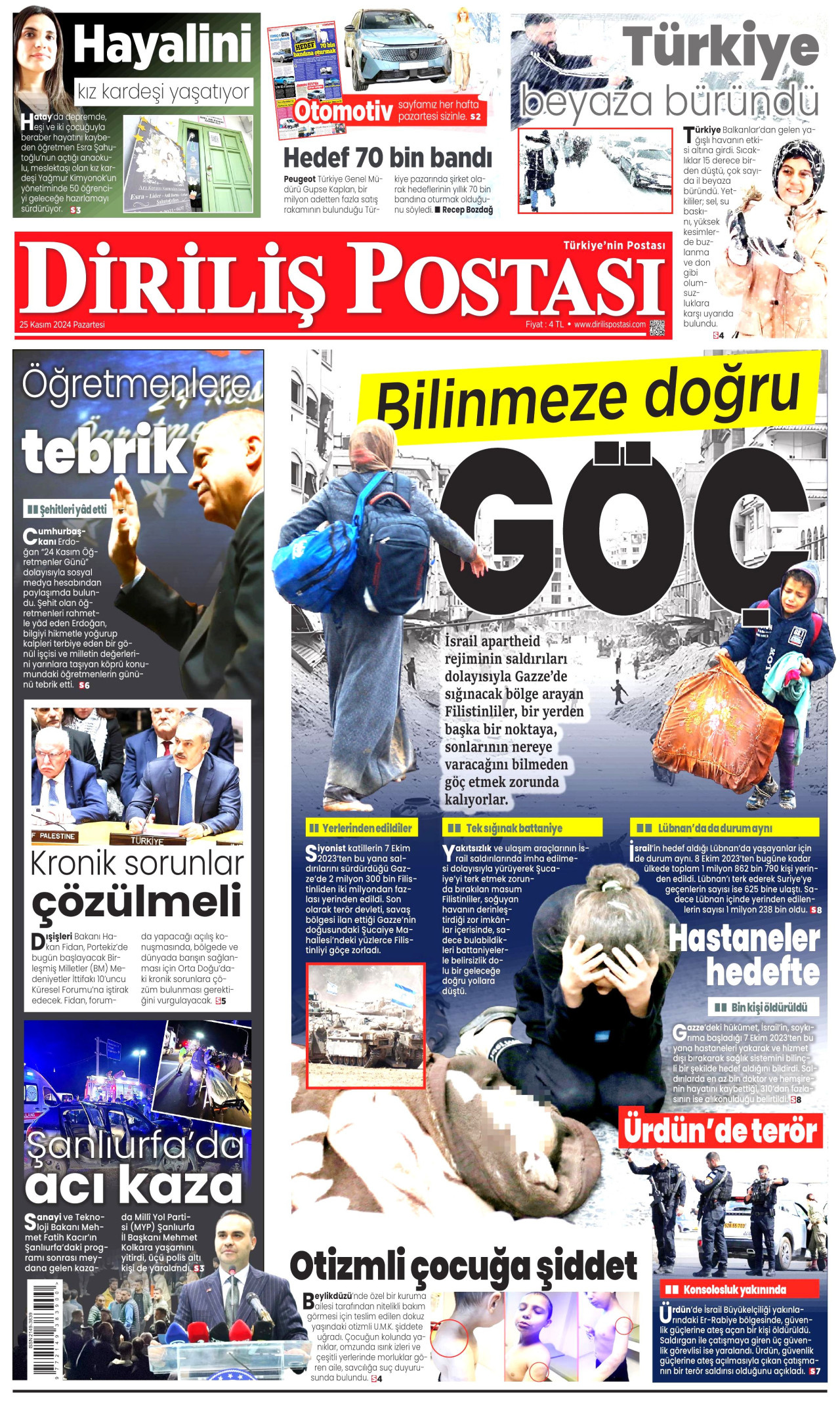 DİRİLİŞ POSTASI gazetesinin 25 Kasım 2024 tarihli birinci sayfası