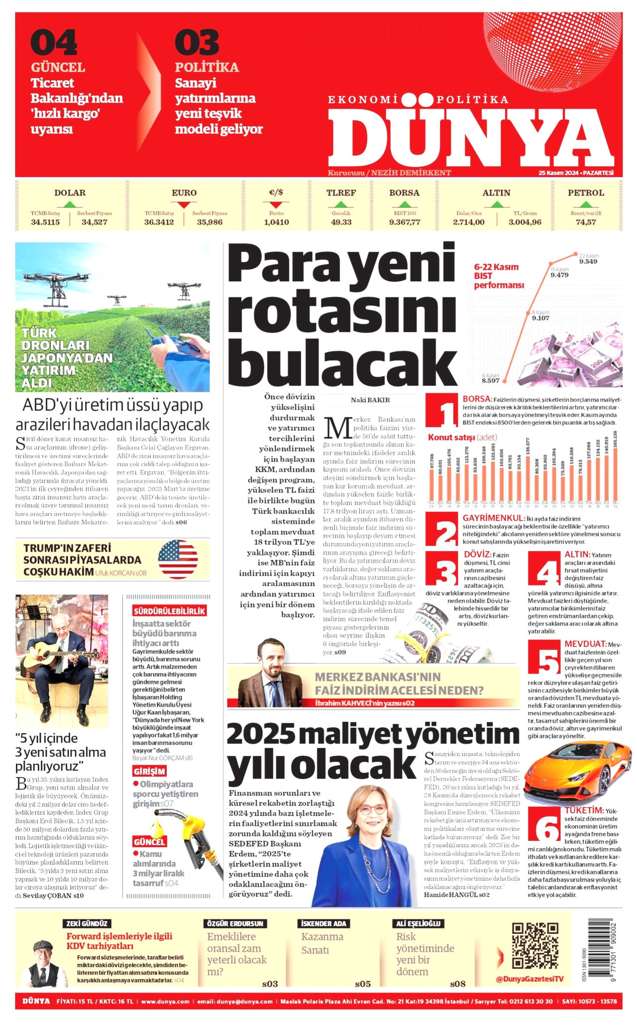DÜNYA gazetesinin 25 Kasım 2024 tarihli birinci sayfası