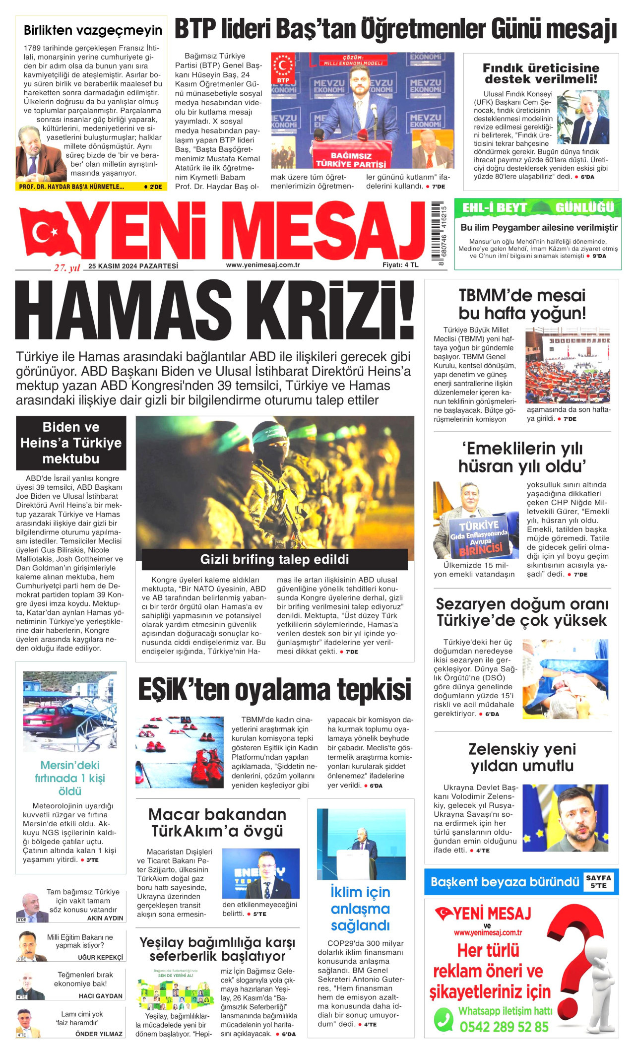 YENİ MESAJ gazetesinin 25 Kasım 2024 tarihli birinci sayfası