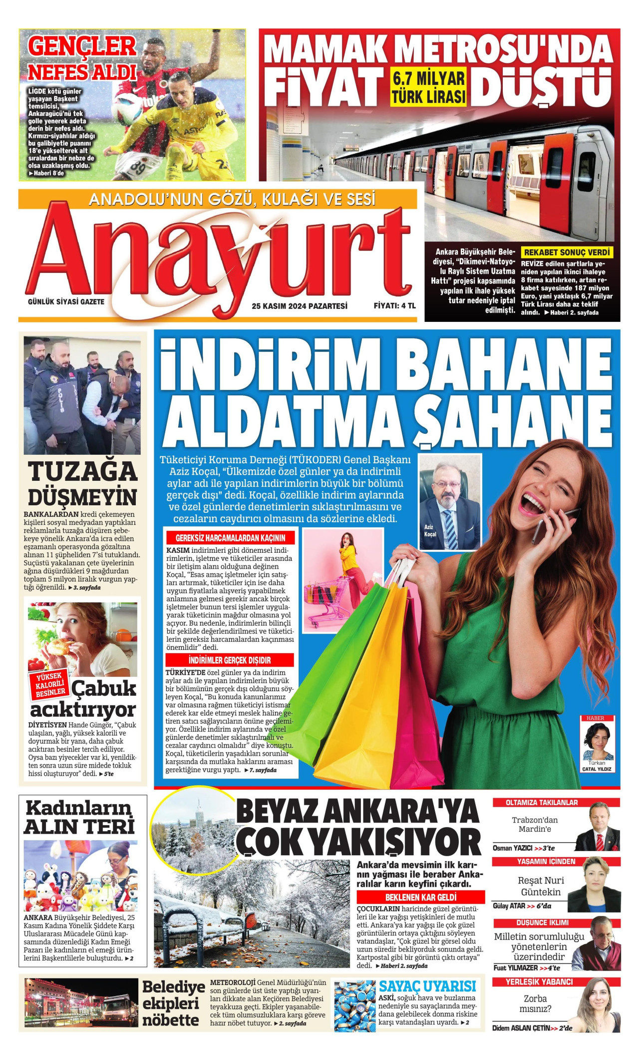 ANAYURT gazetesinin 25 Kasım 2024 tarihli birinci sayfası