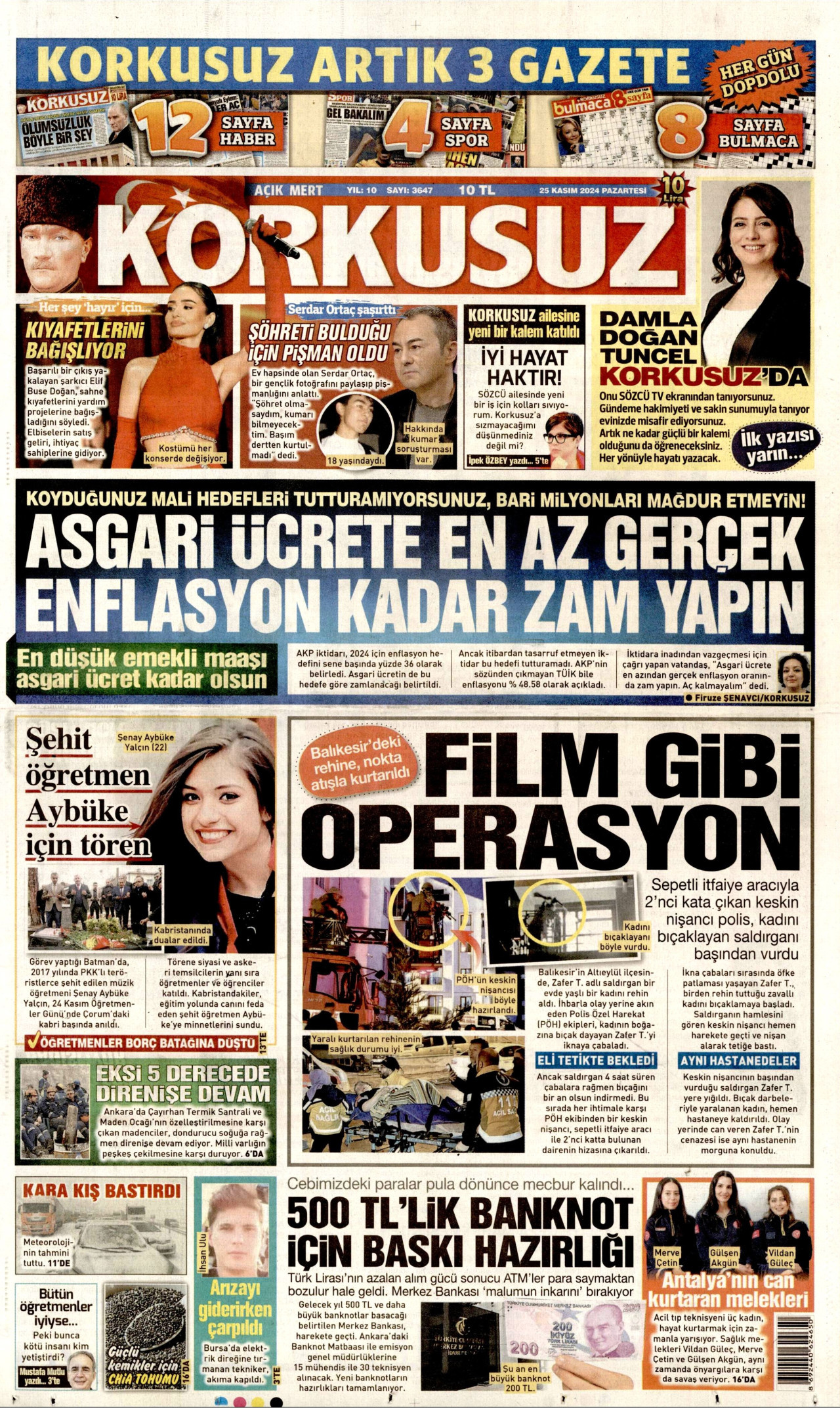 KORKUSUZ gazetesinin 25 Kasım 2024 tarihli birinci sayfası