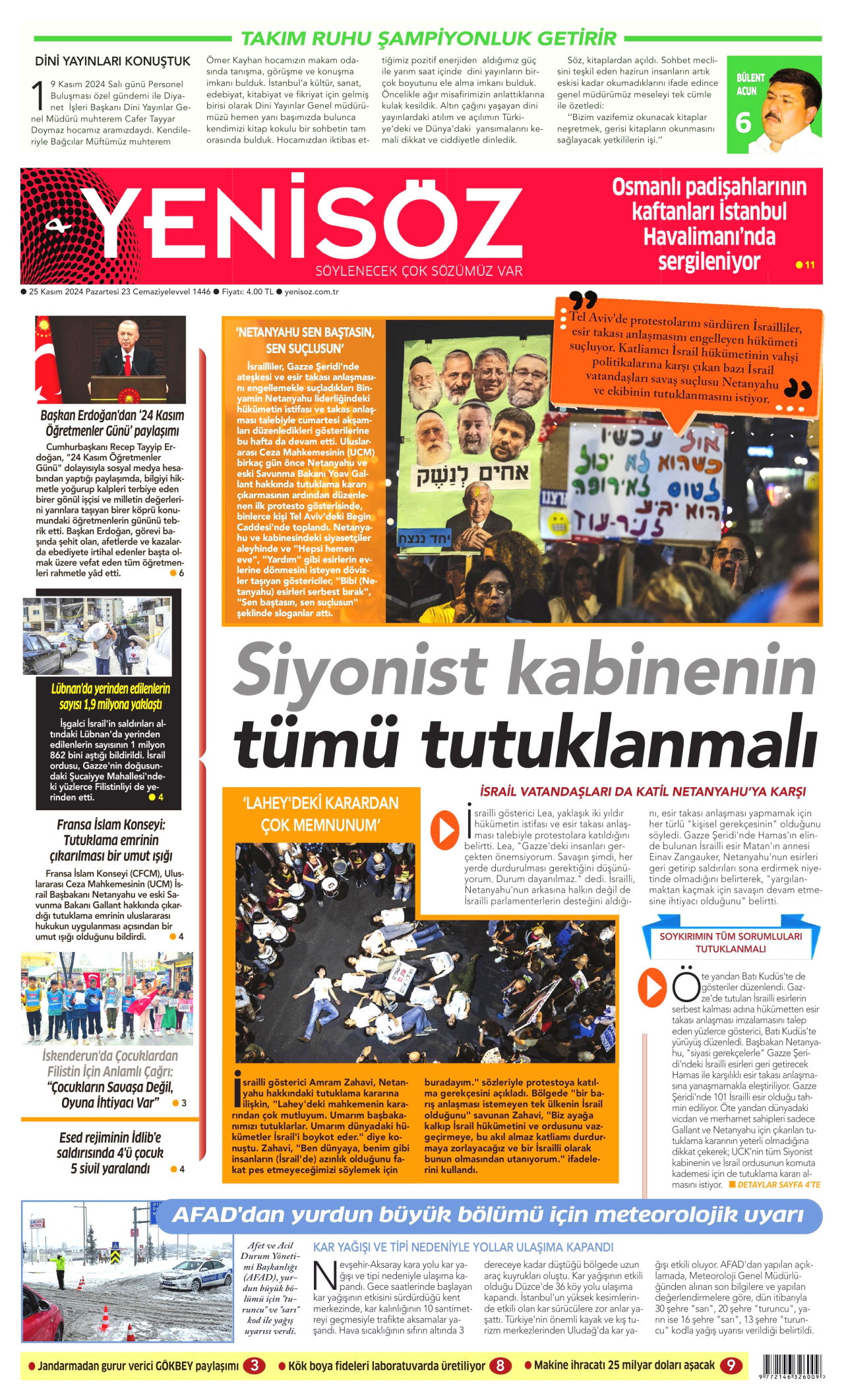 YENİ SÖZ GAZETESİ gazetesinin 25 Kasım 2024 tarihli birinci sayfası