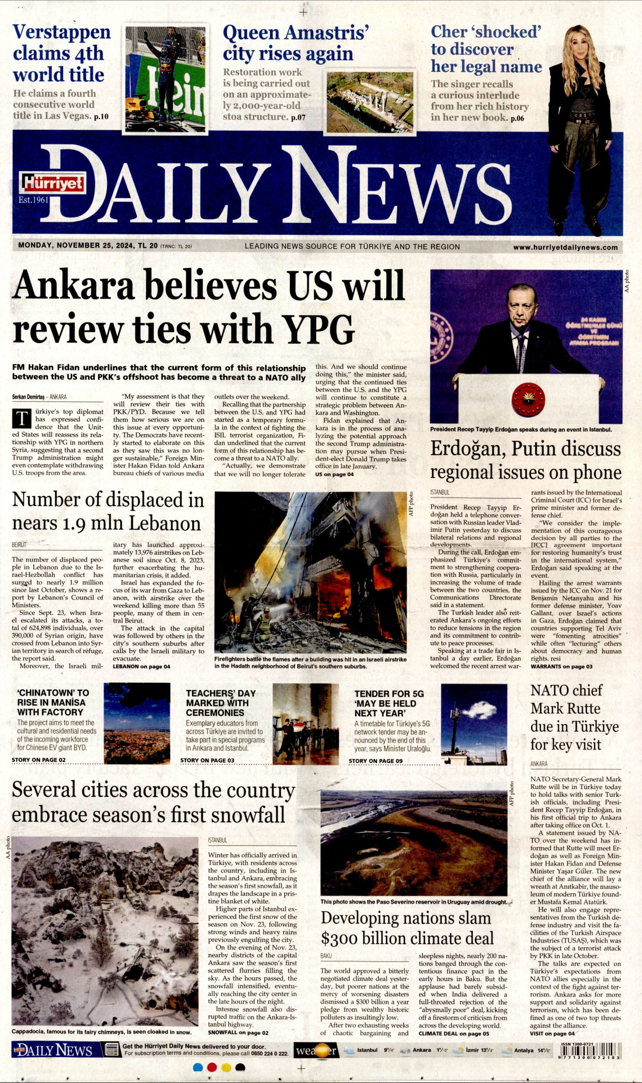 HÜRRİYET DAİLY NEWS gazetesinin 25 Kasım 2024 tarihli birinci sayfası