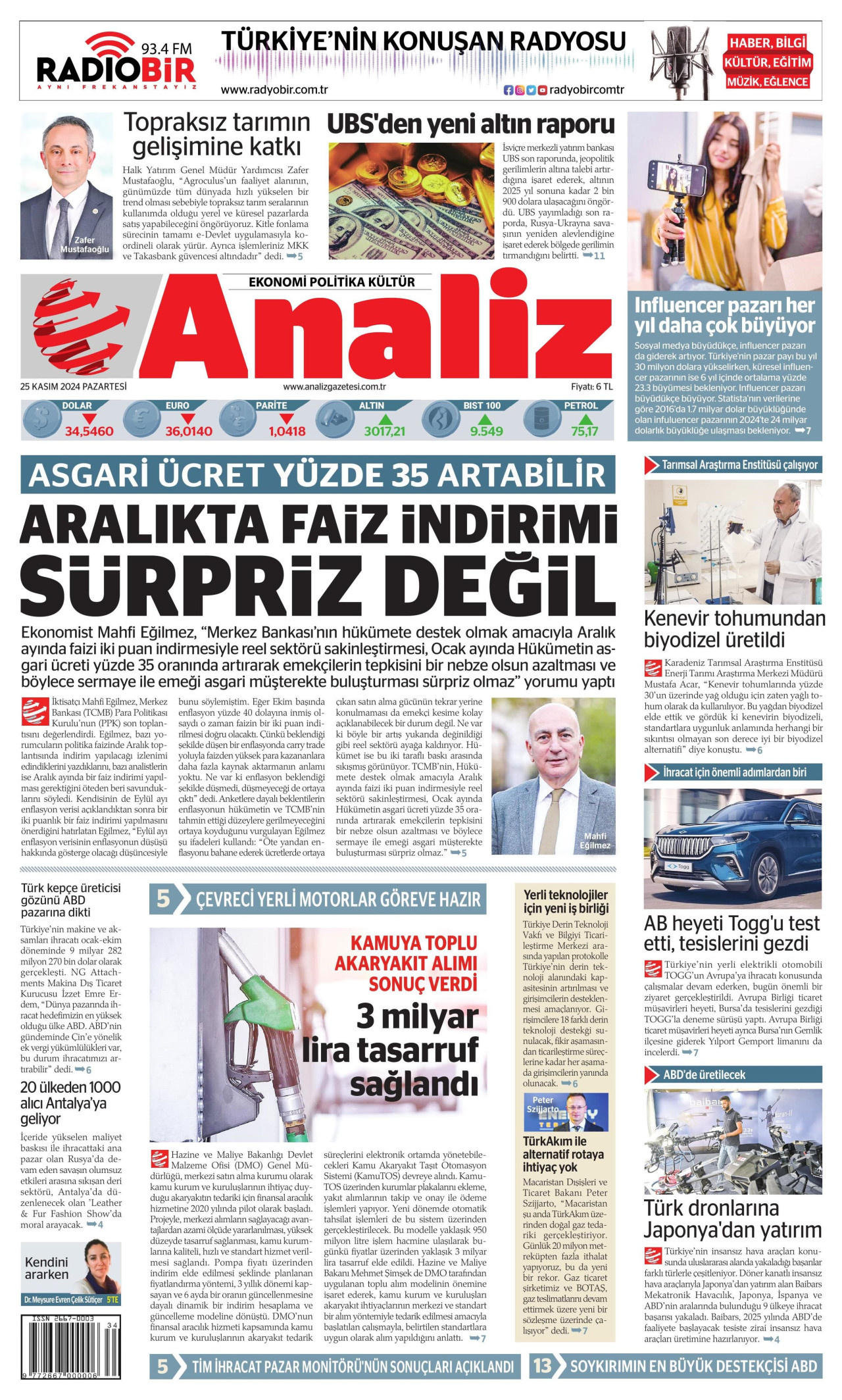 ANALİZ gazetesinin 25 Kasım 2024 tarihli birinci sayfası