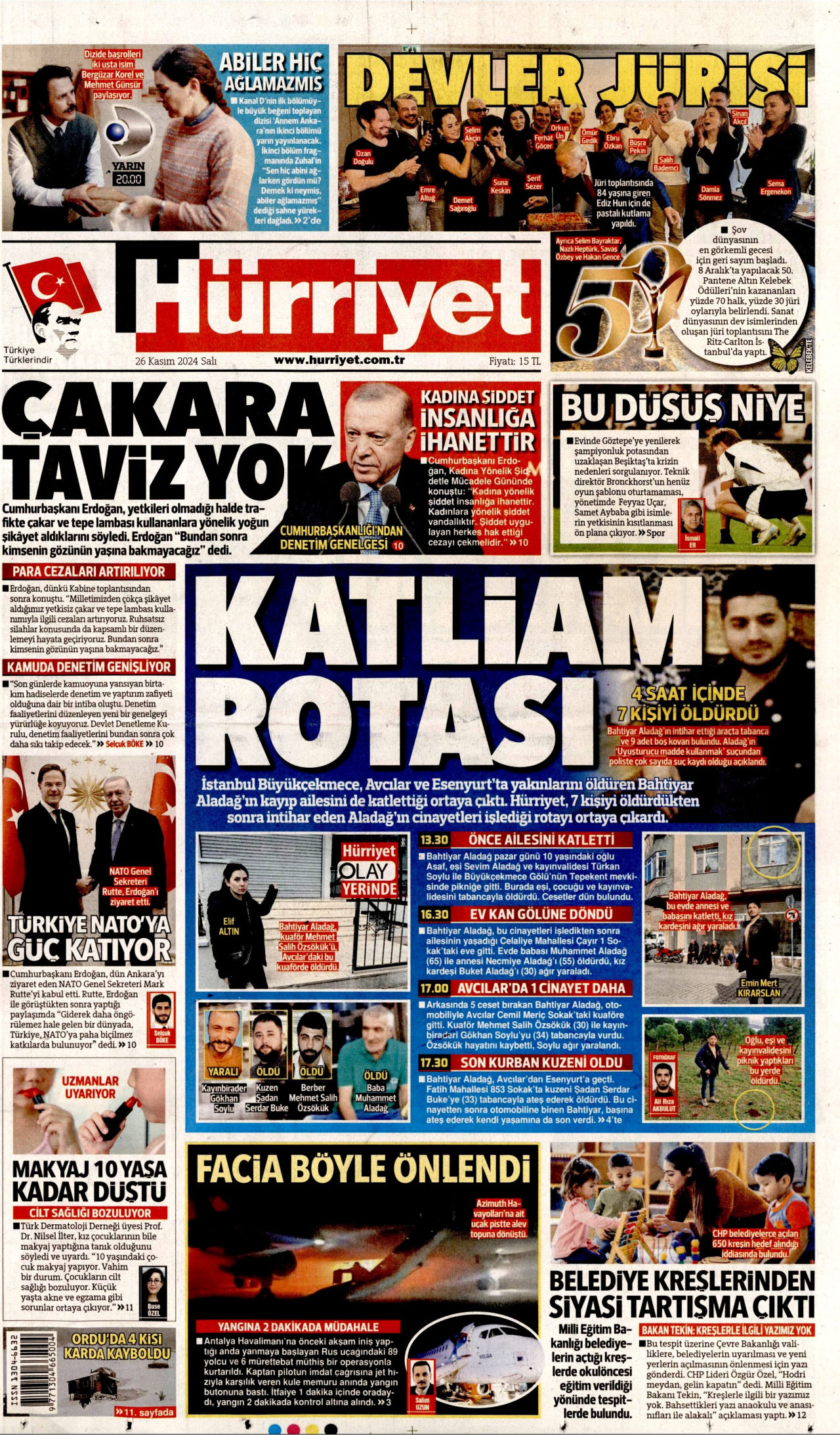 HÜRRİYET gazetesinin 26 Kasım 2024 tarihli birinci sayfası