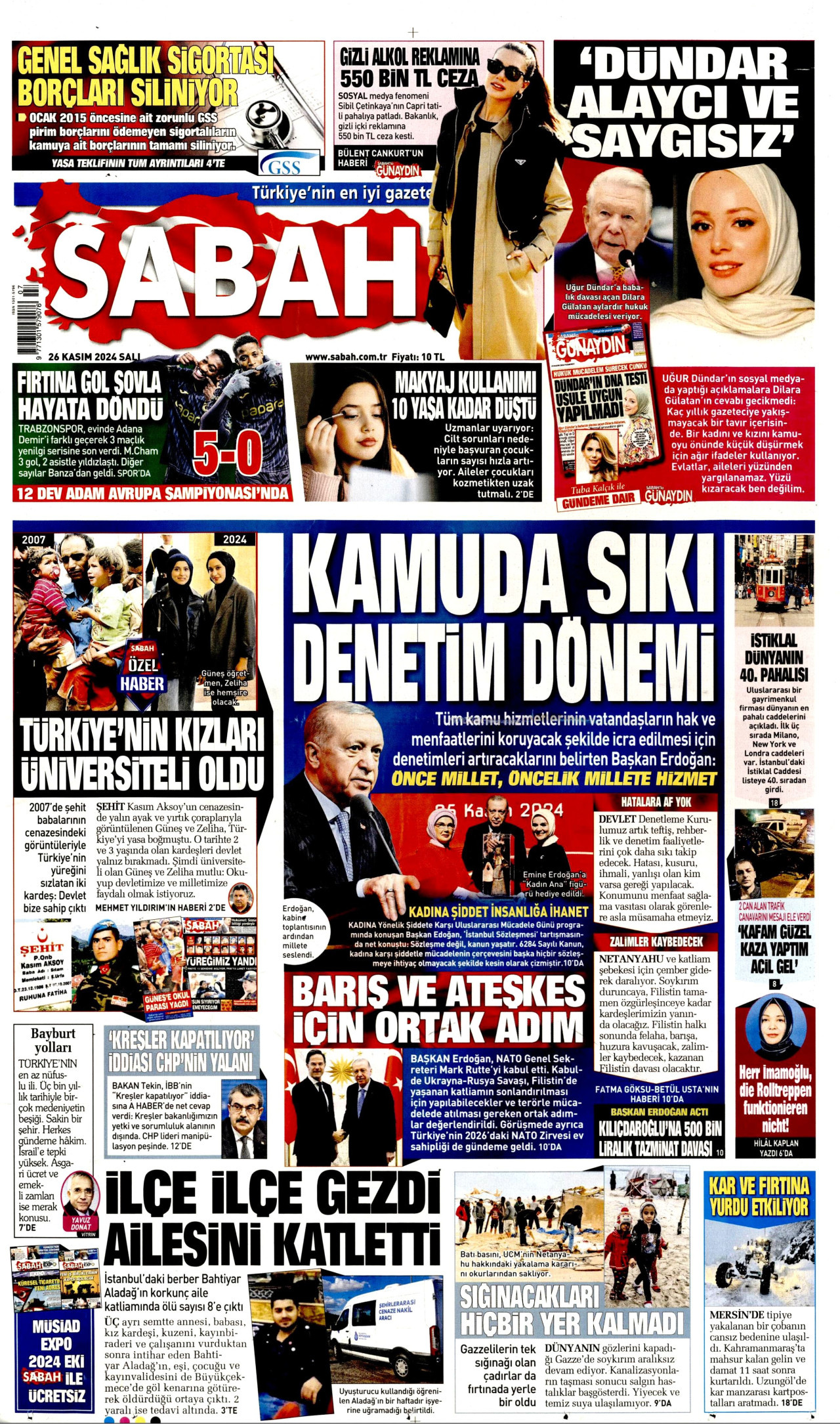 SABAH gazetesinin 26 Kasım 2024 tarihli birinci sayfası