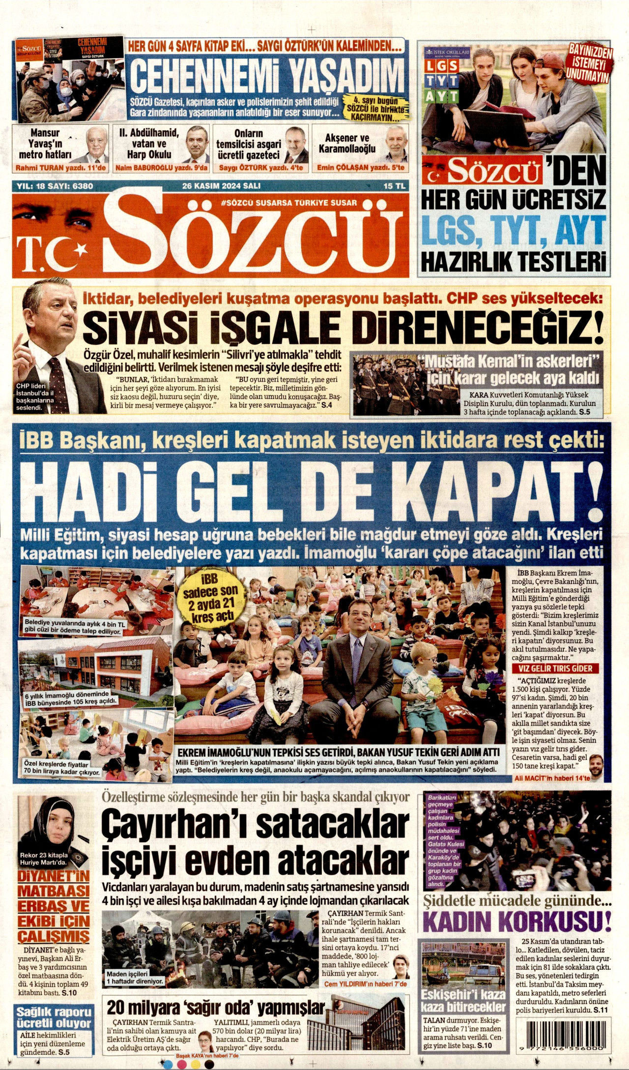 SÖZCÜ gazetesinin 26 Kasım 2024 tarihli birinci sayfası