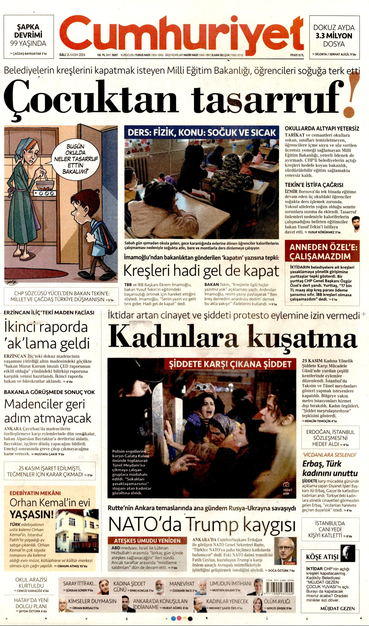 CUMHURİYET gazetesinin 26 Kasım 2024 tarihli birinci sayfası