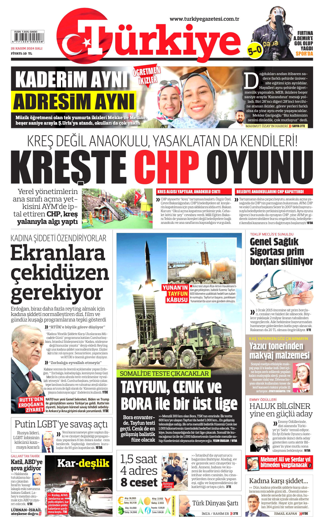 TÜRKİYE GAZETESİ gazetesinin 26 Kasım 2024 tarihli birinci sayfası