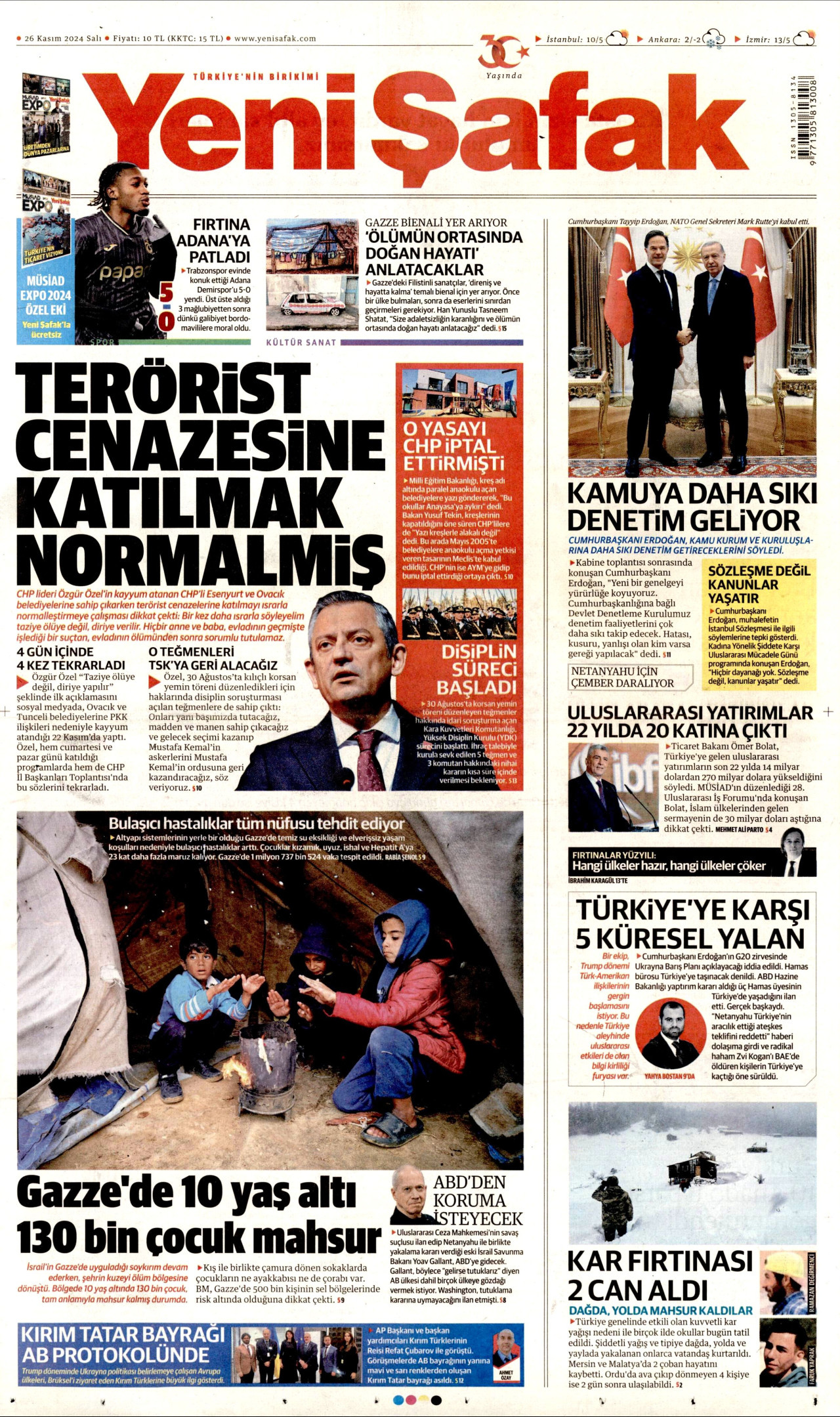 YENİ ŞAFAK gazetesinin 26 Kasım 2024 tarihli birinci sayfası