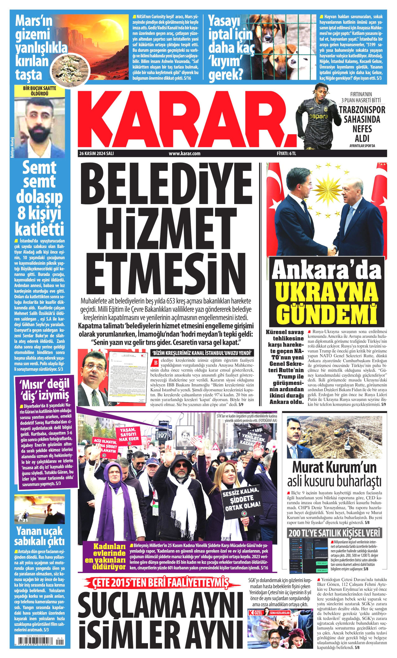 KARAR gazetesinin 26 Kasım 2024 tarihli birinci sayfası