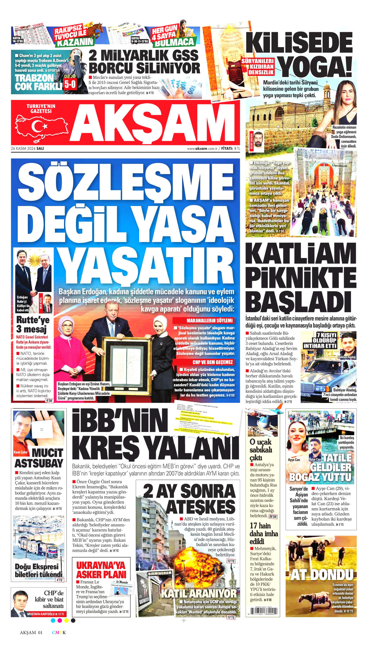 AKŞAM gazetesinin 26 Kasım 2024 tarihli birinci sayfası