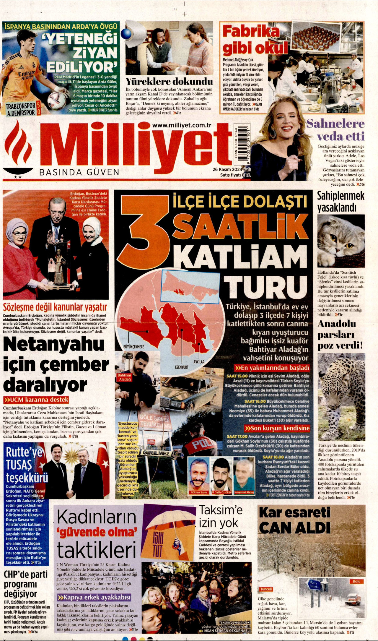 MİLLİYET gazetesinin 26 Kasım 2024 tarihli birinci sayfası