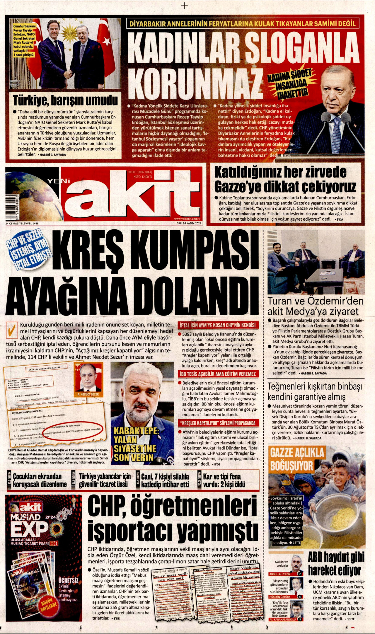 YENİ AKİT gazetesinin 26 Kasım 2024 tarihli birinci sayfası