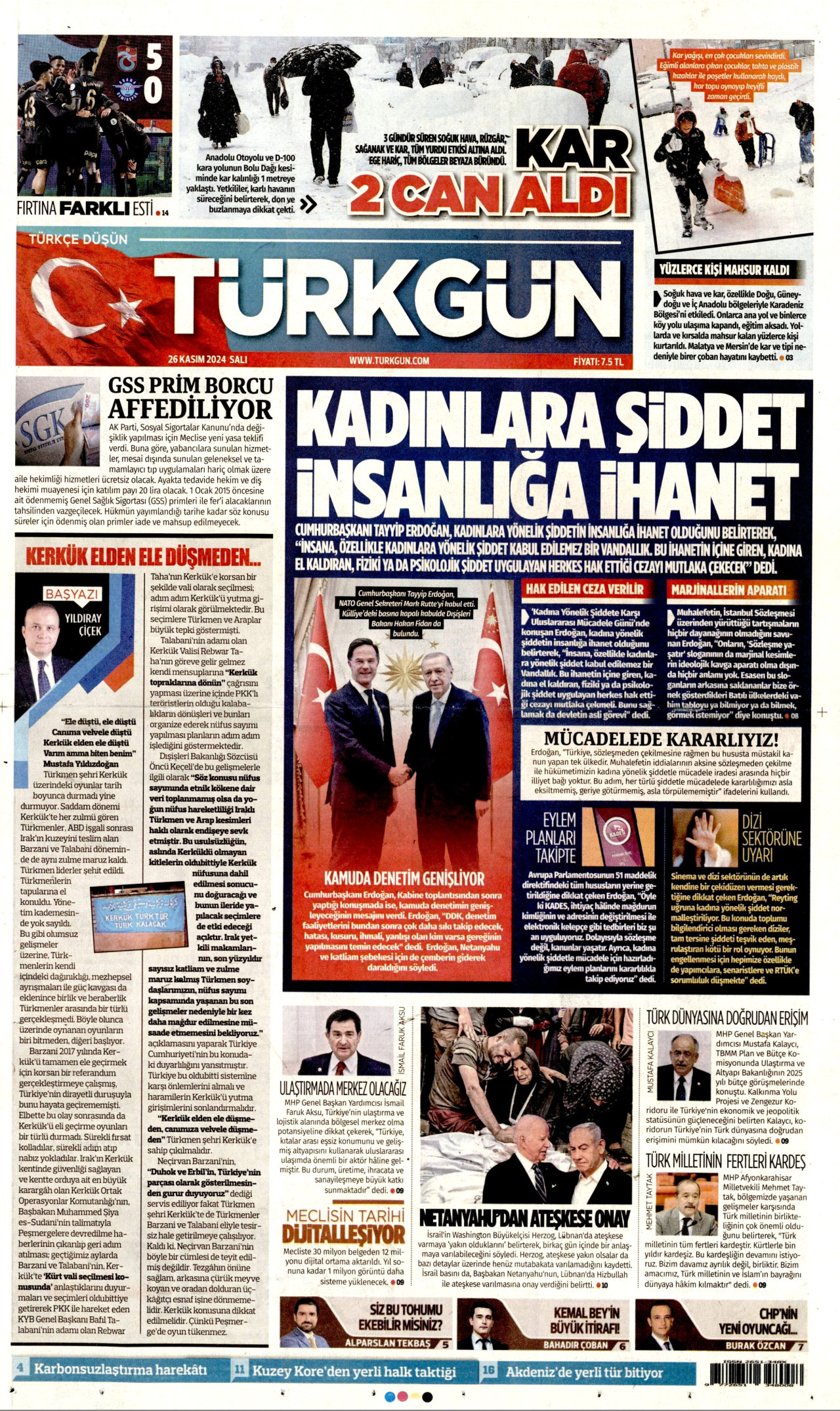 TÜRKGÜN gazetesinin 26 Kasım 2024 tarihli birinci sayfası