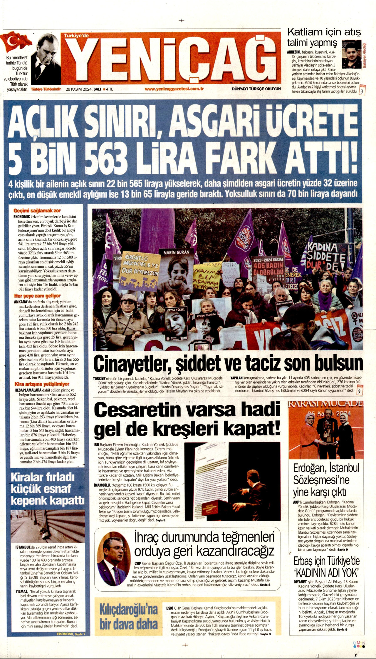 YENİÇAĞ gazetesinin 26 Kasım 2024 tarihli birinci sayfası