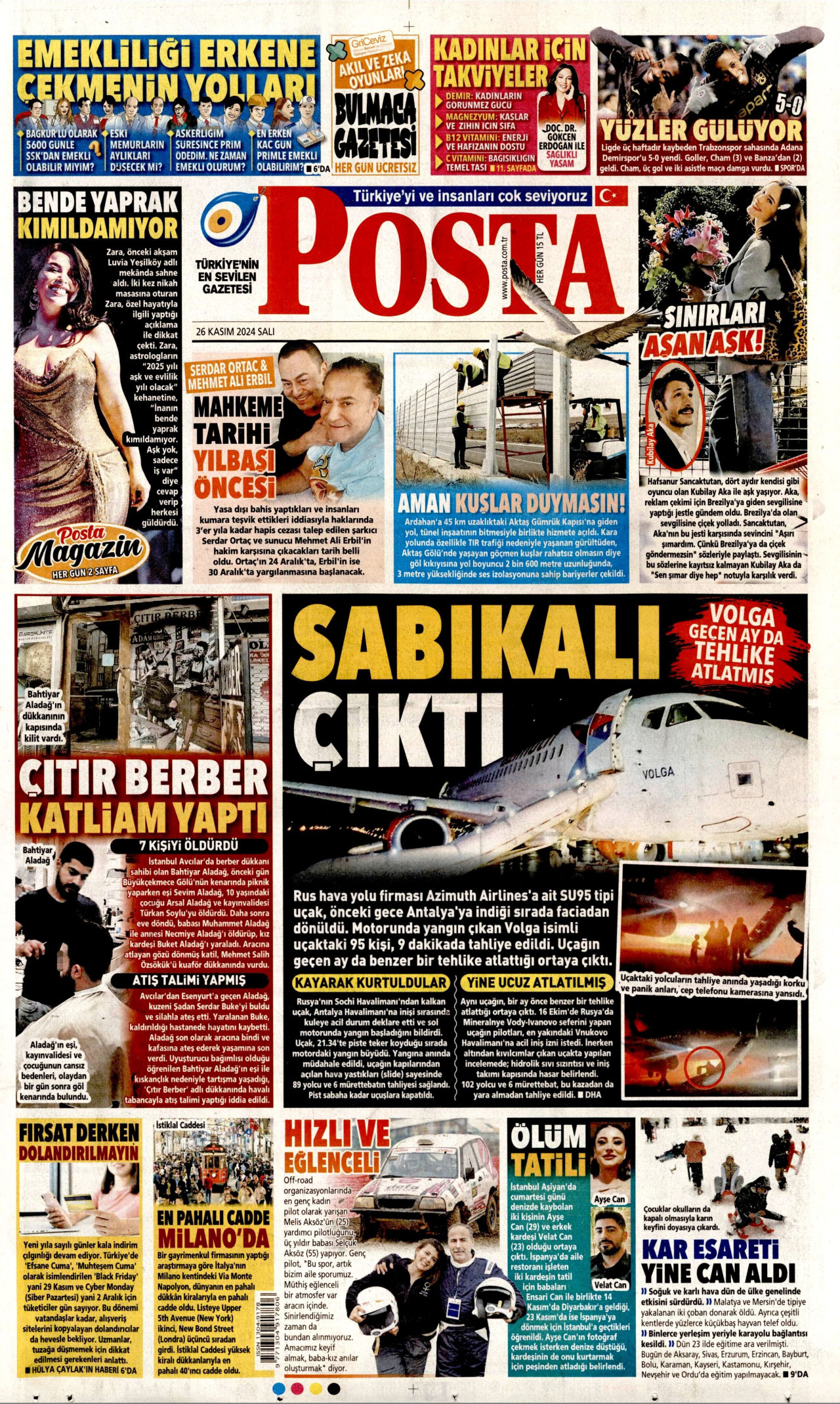 POSTA gazetesinin 26 Kasım 2024 tarihli birinci sayfası