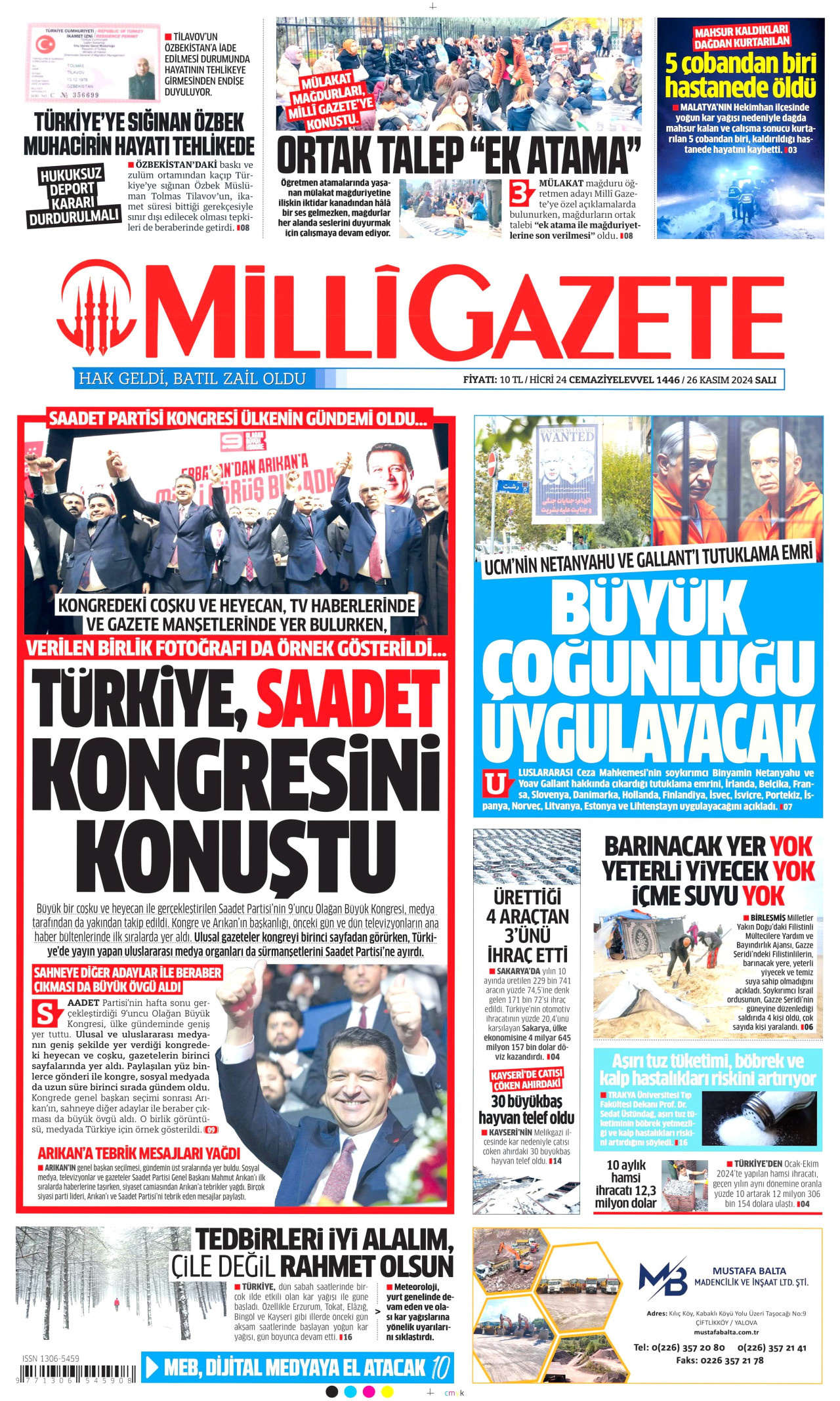 MİLLİ GAZETE gazetesinin 26 Kasım 2024 tarihli birinci sayfası