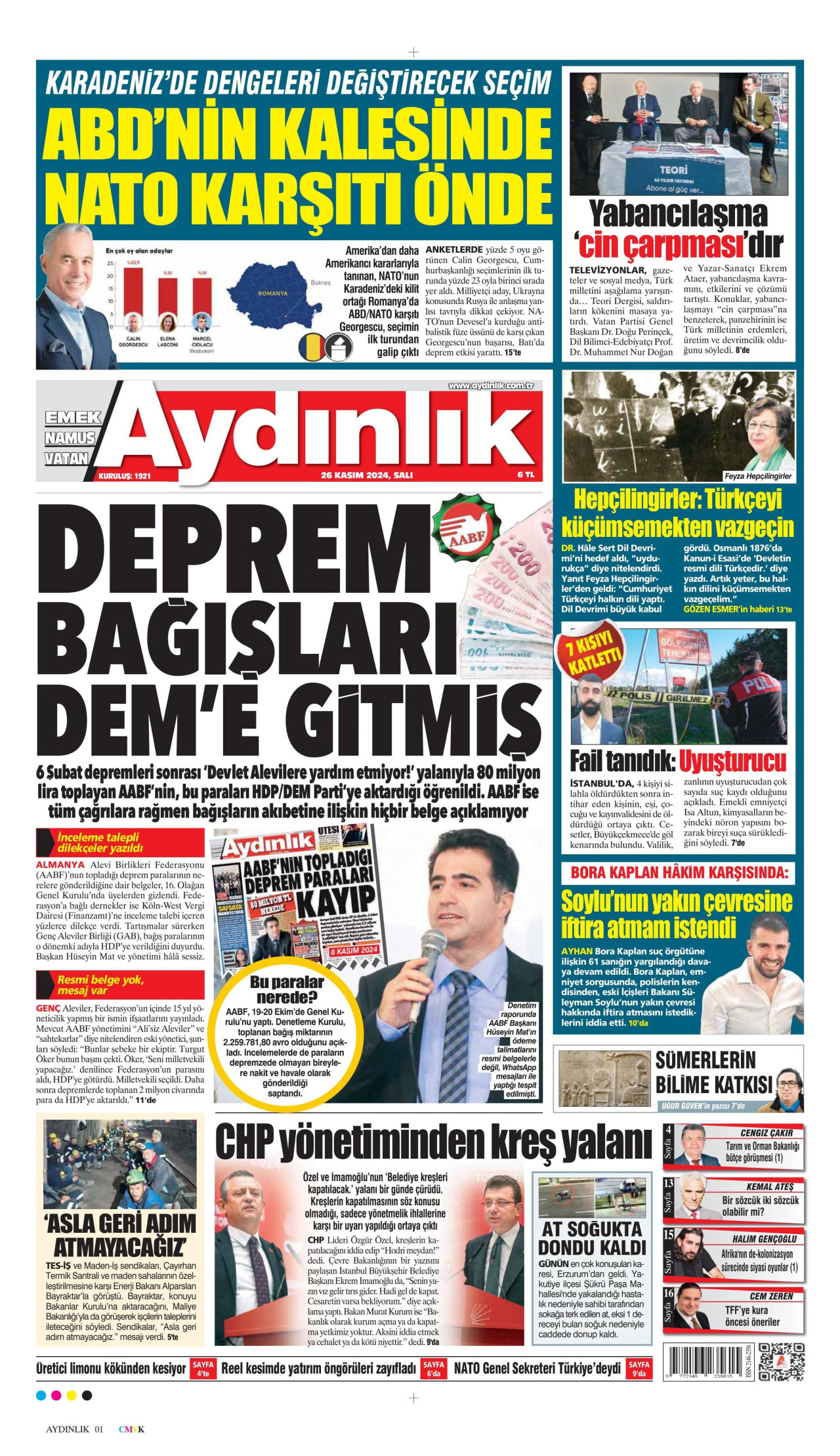 AYDINLIK GAZETESİ gazetesinin 26 Kasım 2024 tarihli birinci sayfası