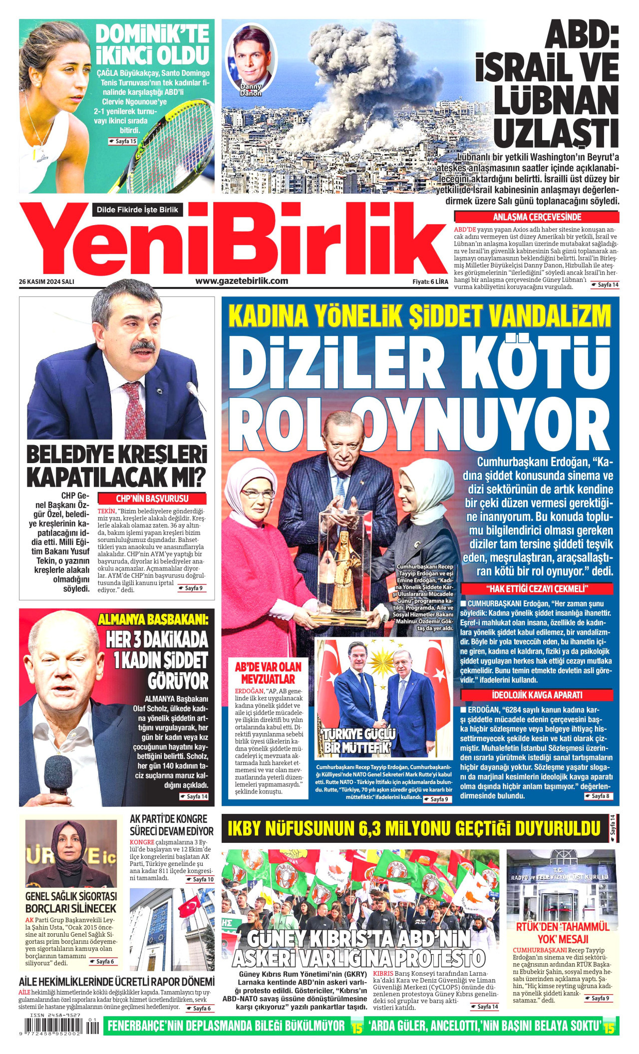 YENİBİRLİK gazetesinin 26 Kasım 2024 tarihli birinci sayfası
