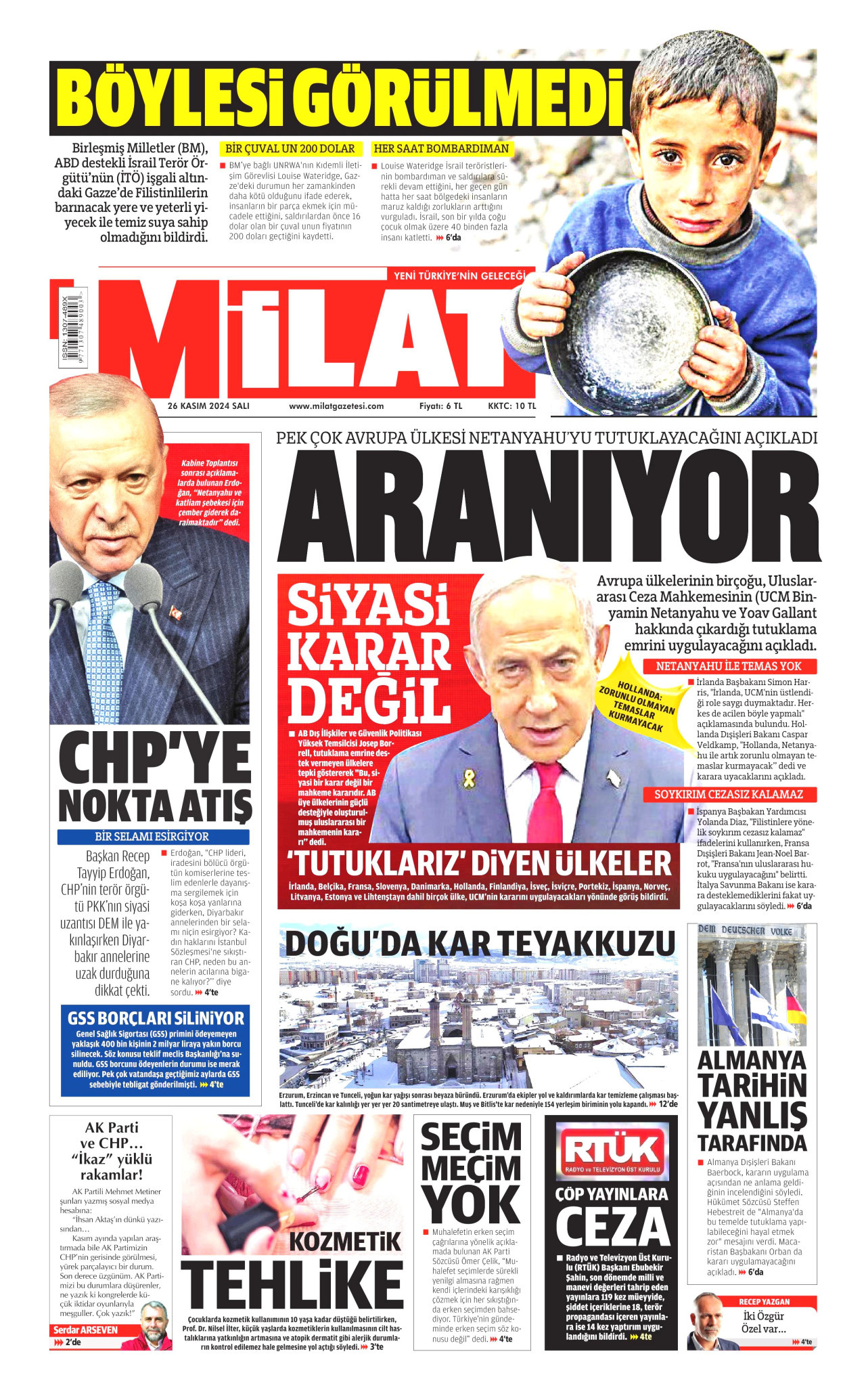 MİLAT gazetesinin 26 Kasım 2024 tarihli birinci sayfası