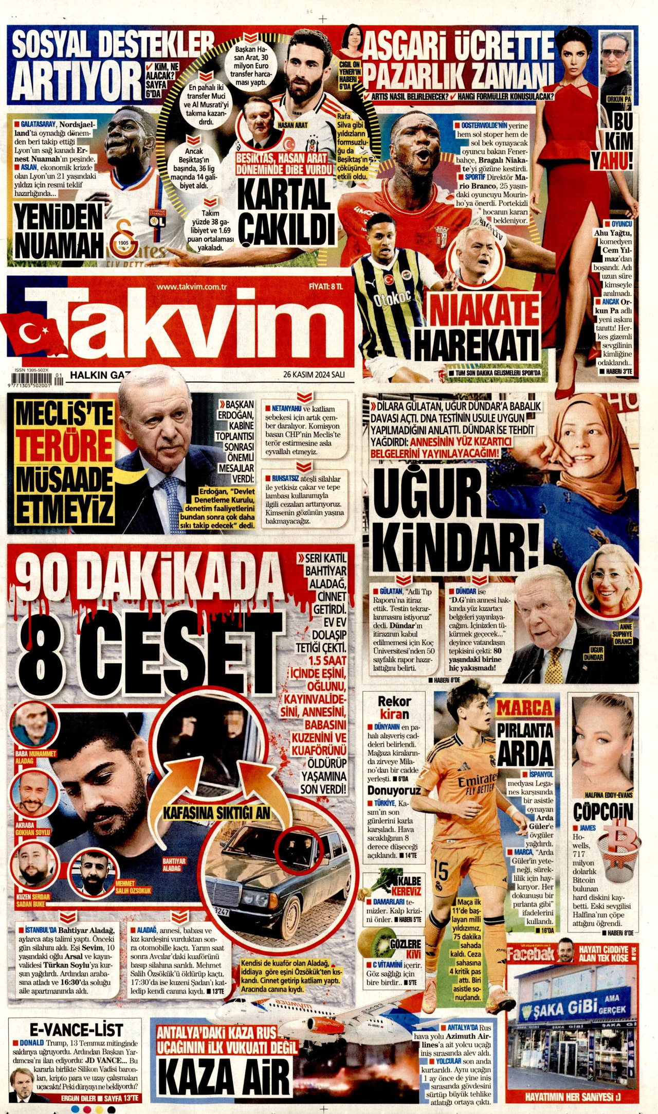 TAKVİM gazetesinin 26 Kasım 2024 tarihli birinci sayfası