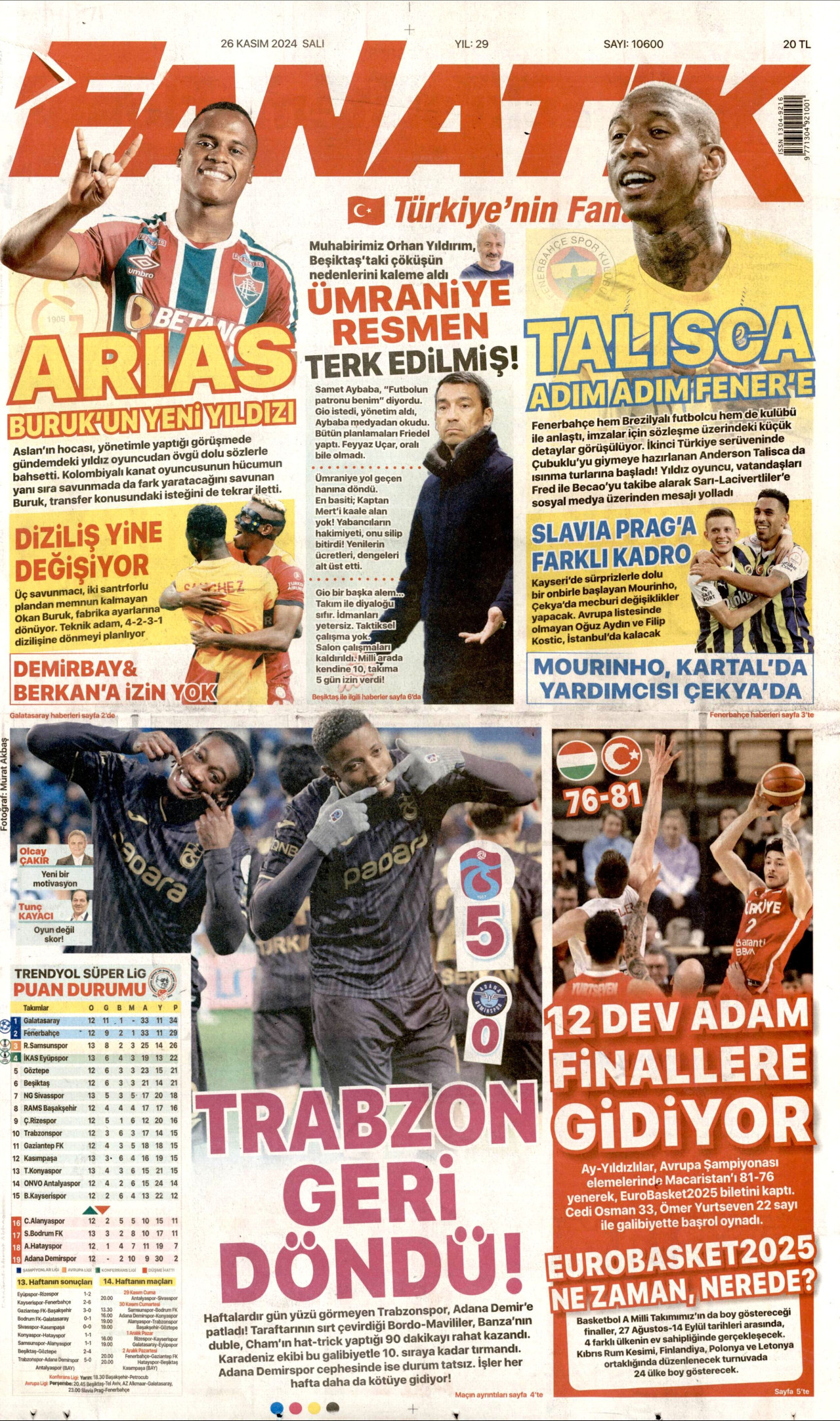 FANATİK gazetesinin 26 Kasım 2024 tarihli birinci sayfası