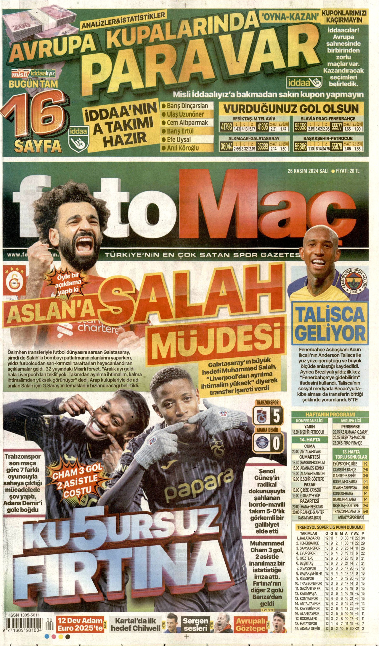FOTOMAÇ gazetesinin 26 Kasım 2024 tarihli birinci sayfası