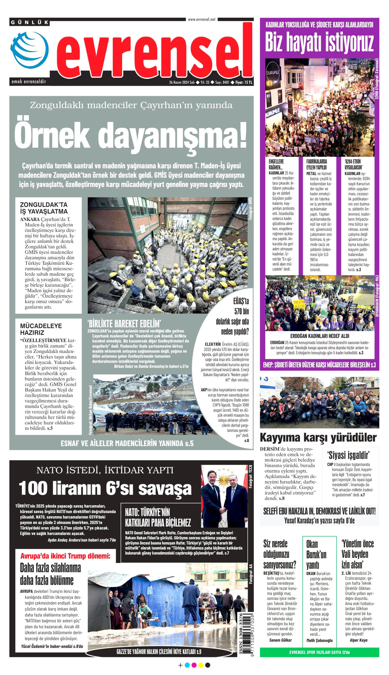 EVRENSEL gazetesinin 26 Kasım 2024 tarihli birinci sayfası