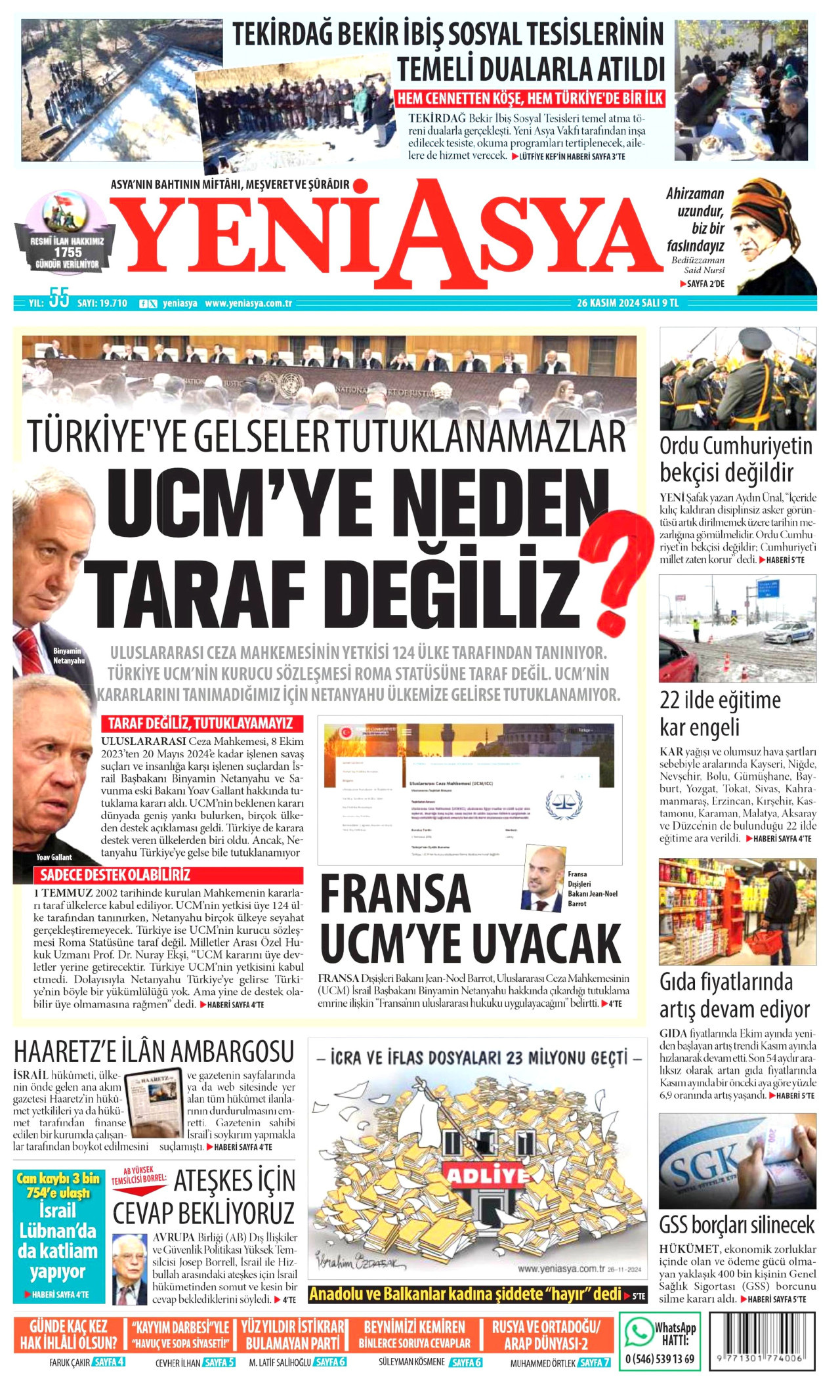 YENİ ASYA gazetesinin 26 Kasım 2024 tarihli birinci sayfası