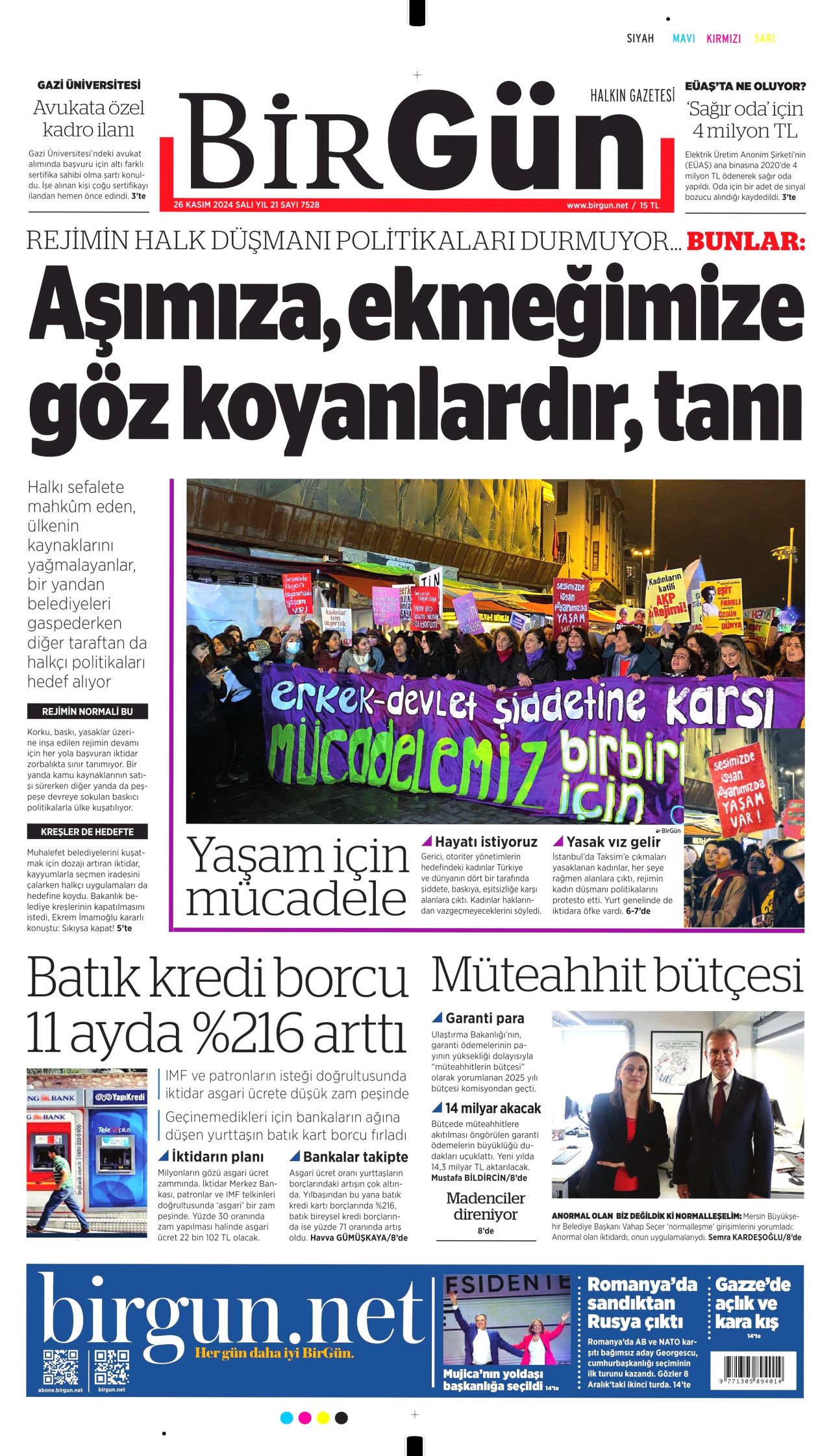 BİRGÜN gazetesinin 26 Kasım 2024 tarihli birinci sayfası