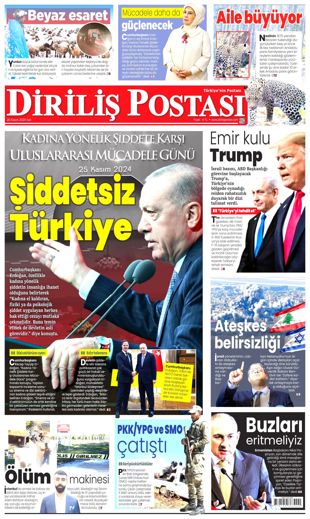 DİRİLİŞ POSTASI gazetesinin 26 Kasım 2024 tarihli birinci sayfası