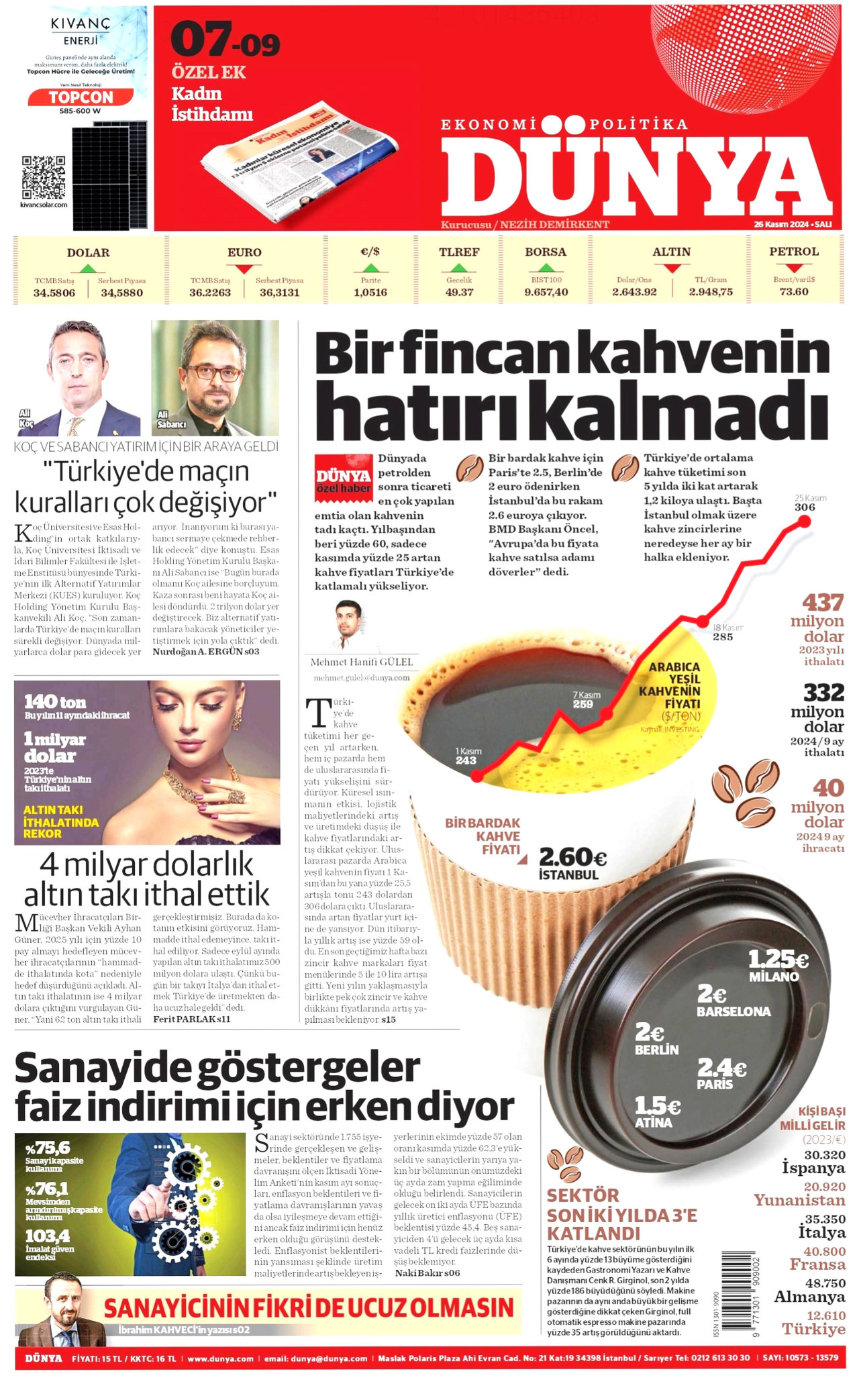 DÜNYA gazetesinin 26 Kasım 2024 tarihli birinci sayfası