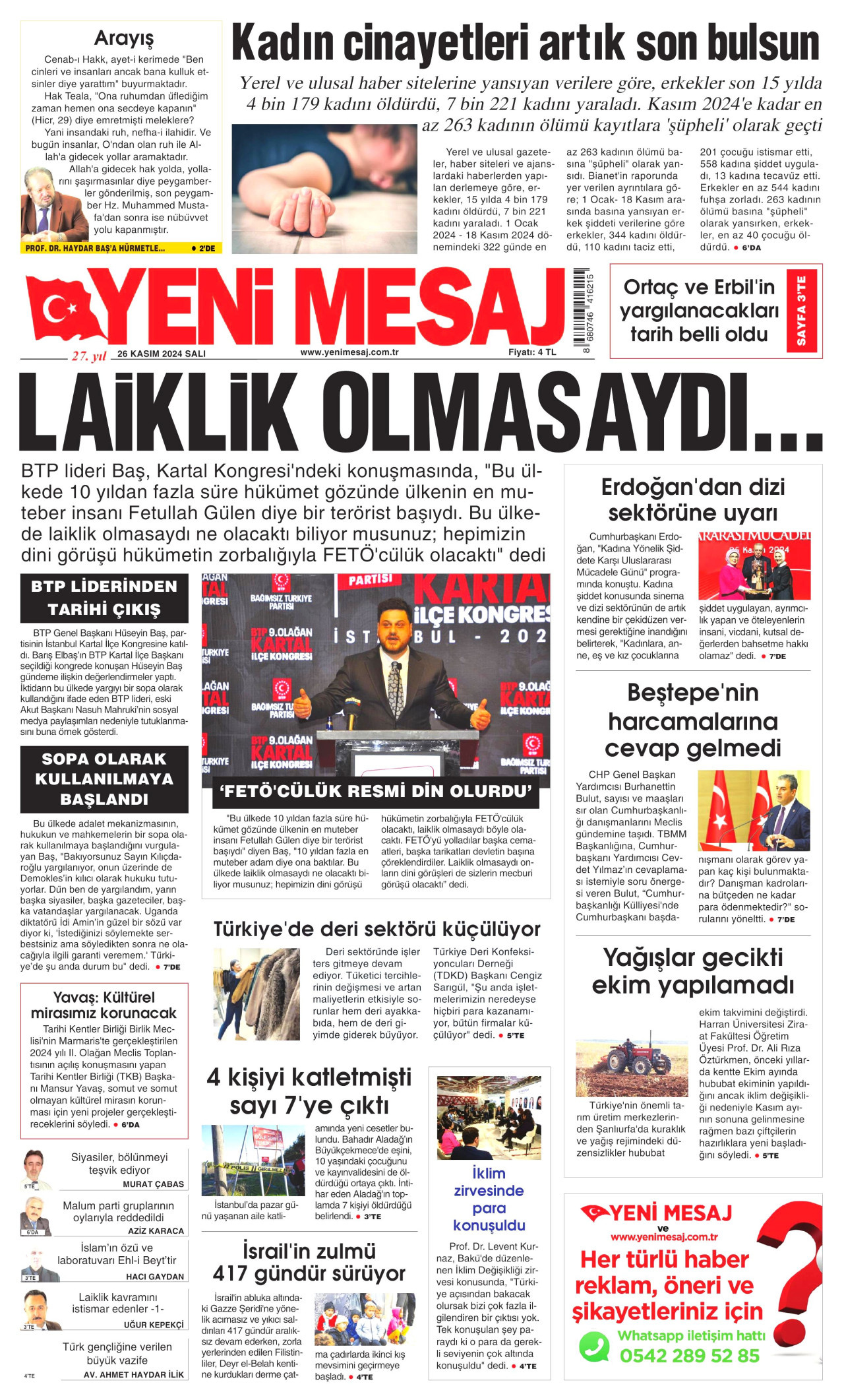 YENİ MESAJ gazetesinin 26 Kasım 2024 tarihli birinci sayfası