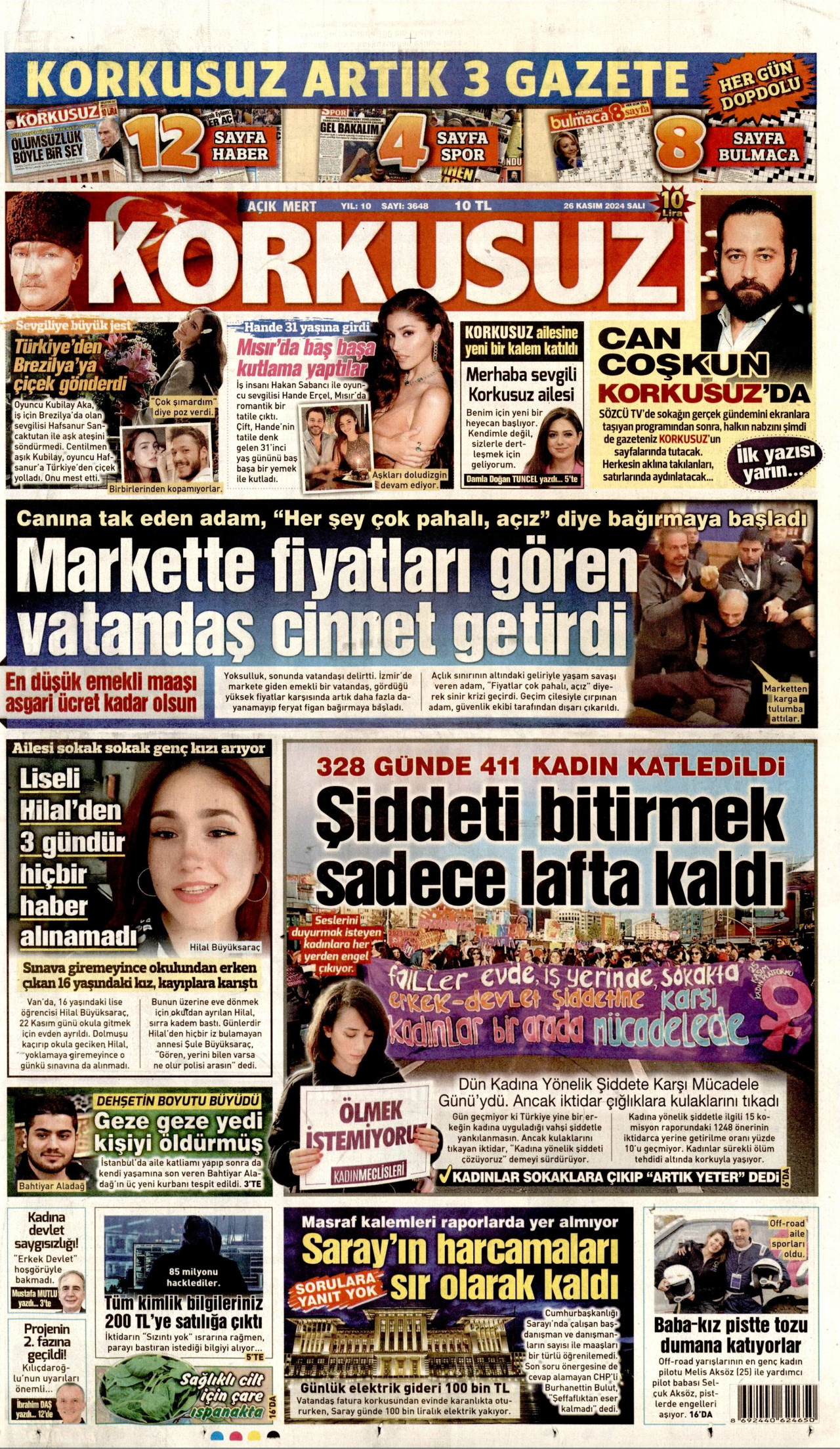 KORKUSUZ gazetesinin 26 Kasım 2024 tarihli birinci sayfası