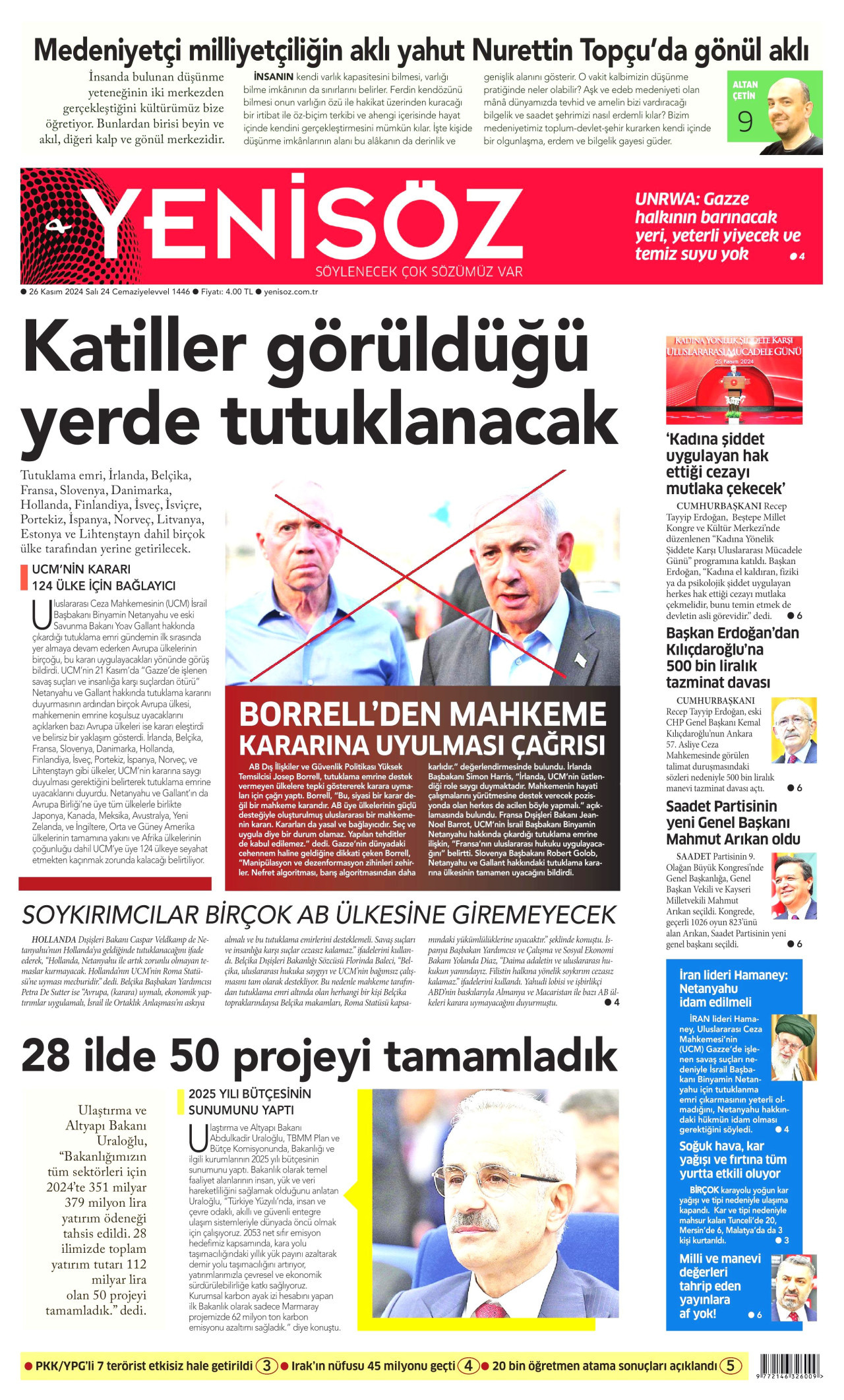 YENİ SÖZ GAZETESİ gazetesinin 26 Kasım 2024 tarihli birinci sayfası