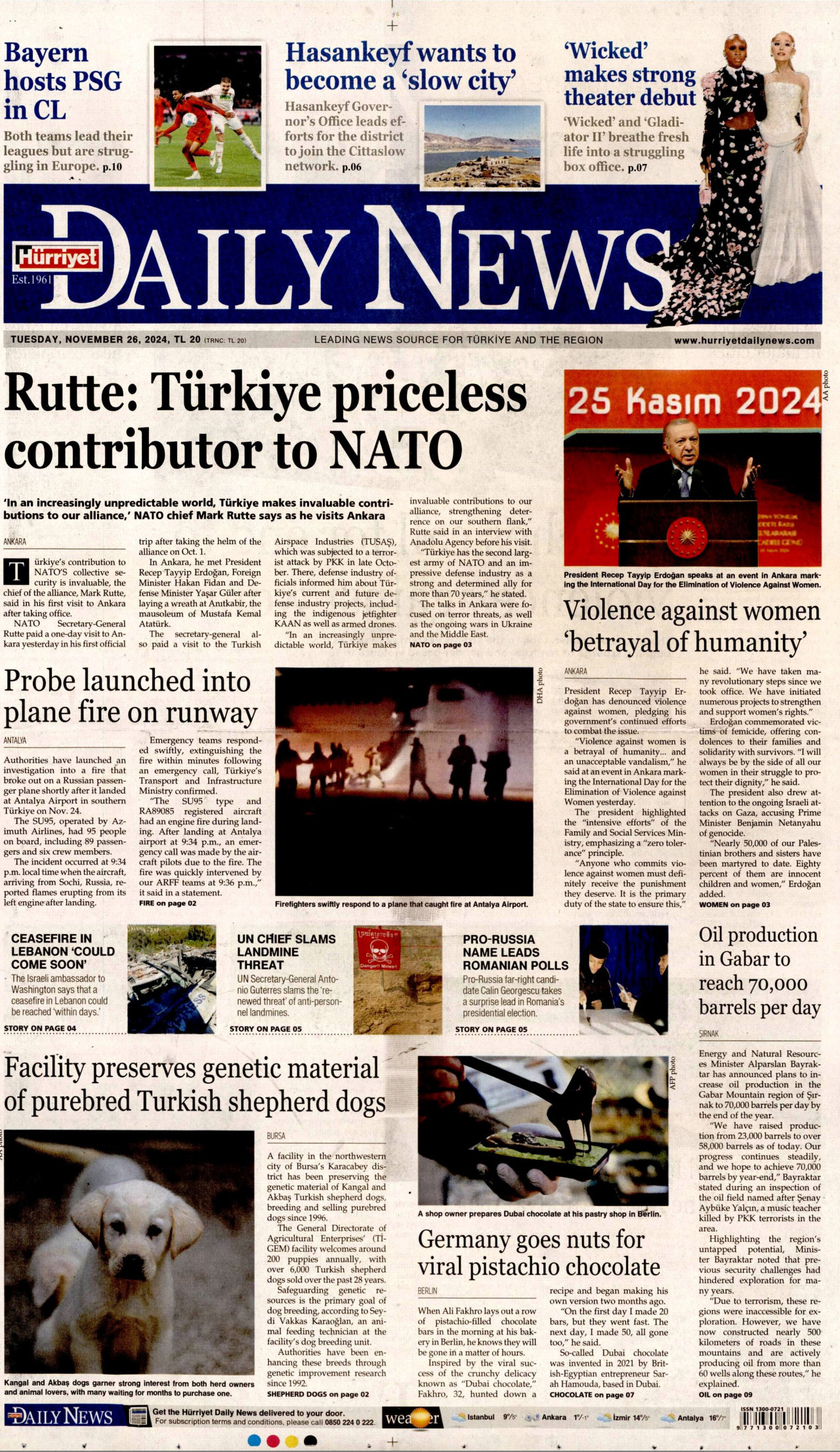 HÜRRİYET DAİLY NEWS gazetesinin 26 Kasım 2024 tarihli birinci sayfası