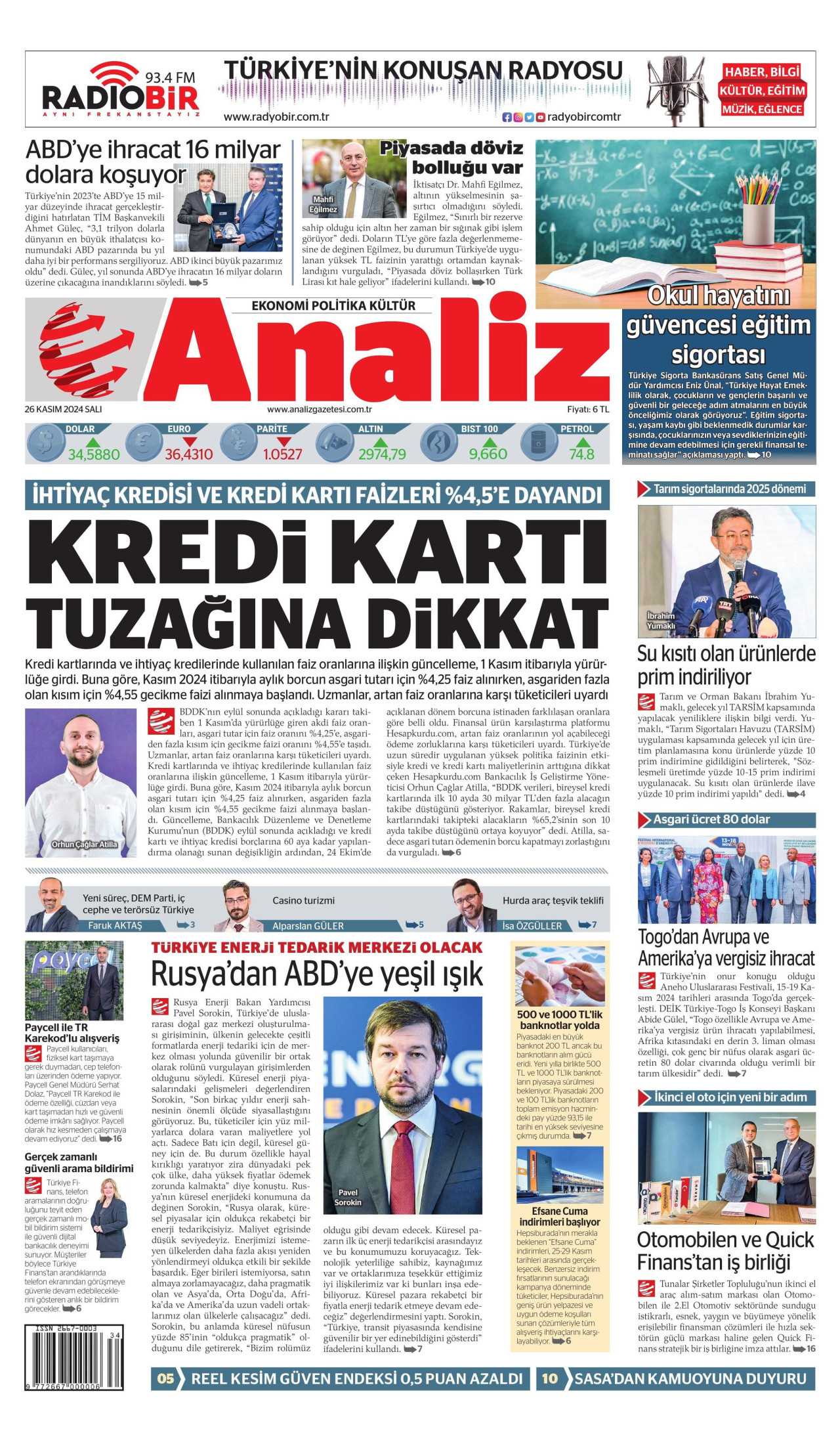 ANALİZ gazetesinin 26 Kasım 2024 tarihli birinci sayfası
