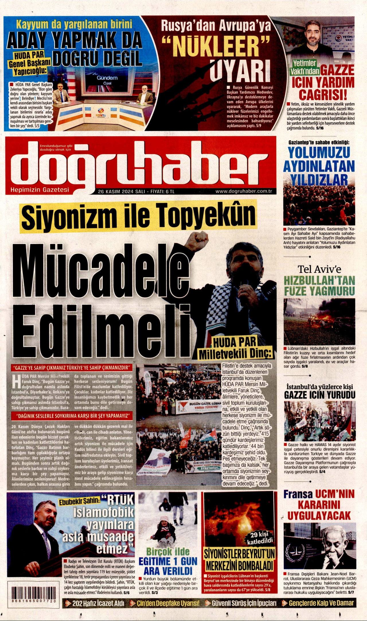 DOĞRU HABER gazetesinin 26 Kasım 2024 tarihli birinci sayfası
