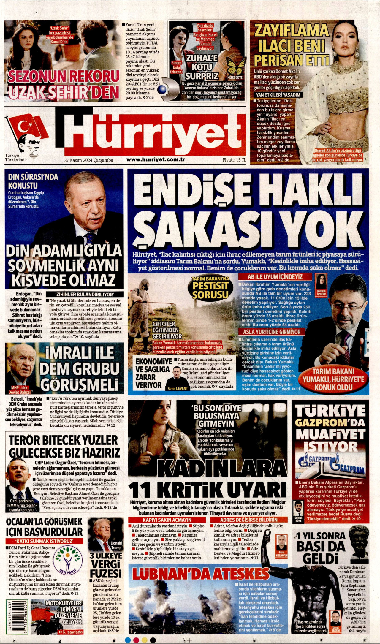 HÜRRİYET gazetesinin 27 Kasım 2024 tarihli birinci sayfası
