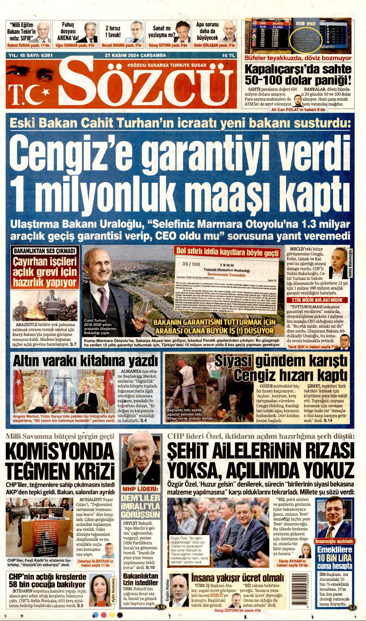 SÖZCÜ gazetesinin 27 Kasım 2024 tarihli birinci sayfası